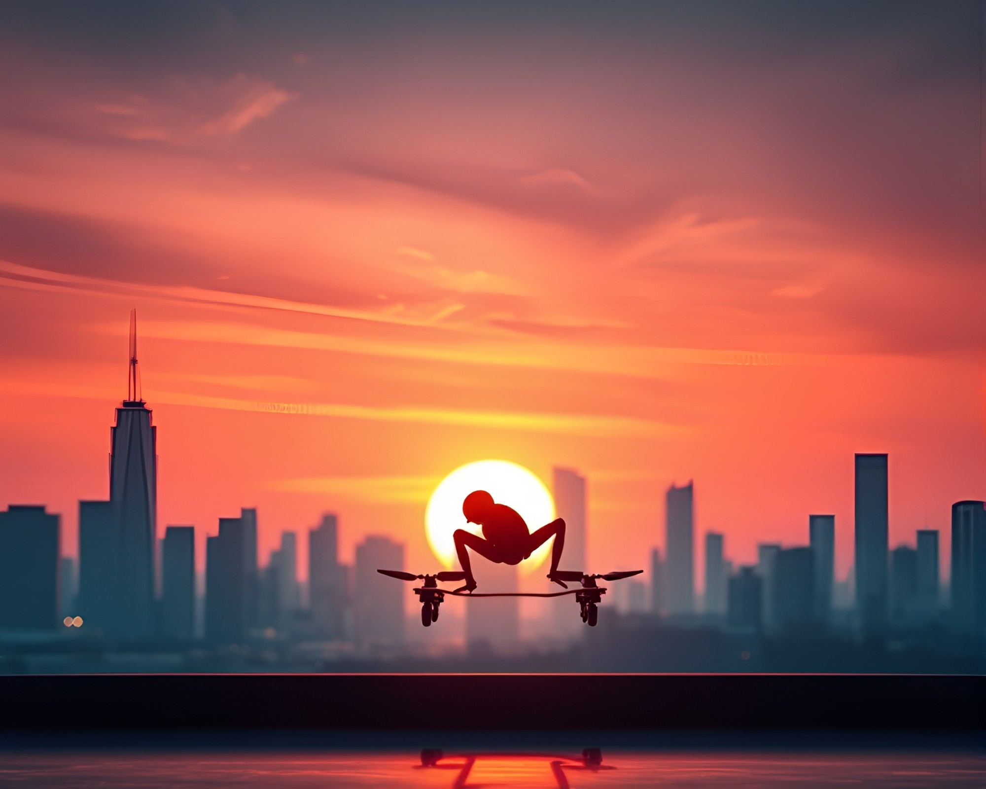 Holographic Hoverboard Soaring Over City at Sunset – free AI stock image