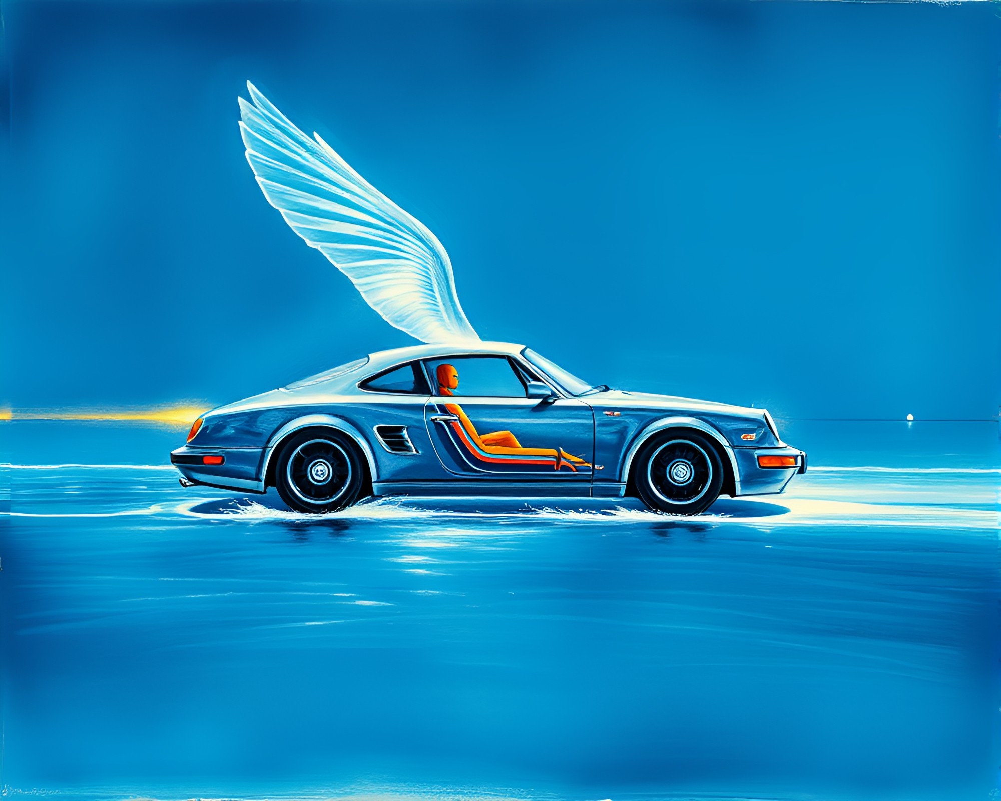 Prism-Refraction Flying Car Over Ocean Blue Waves – free AI stock image