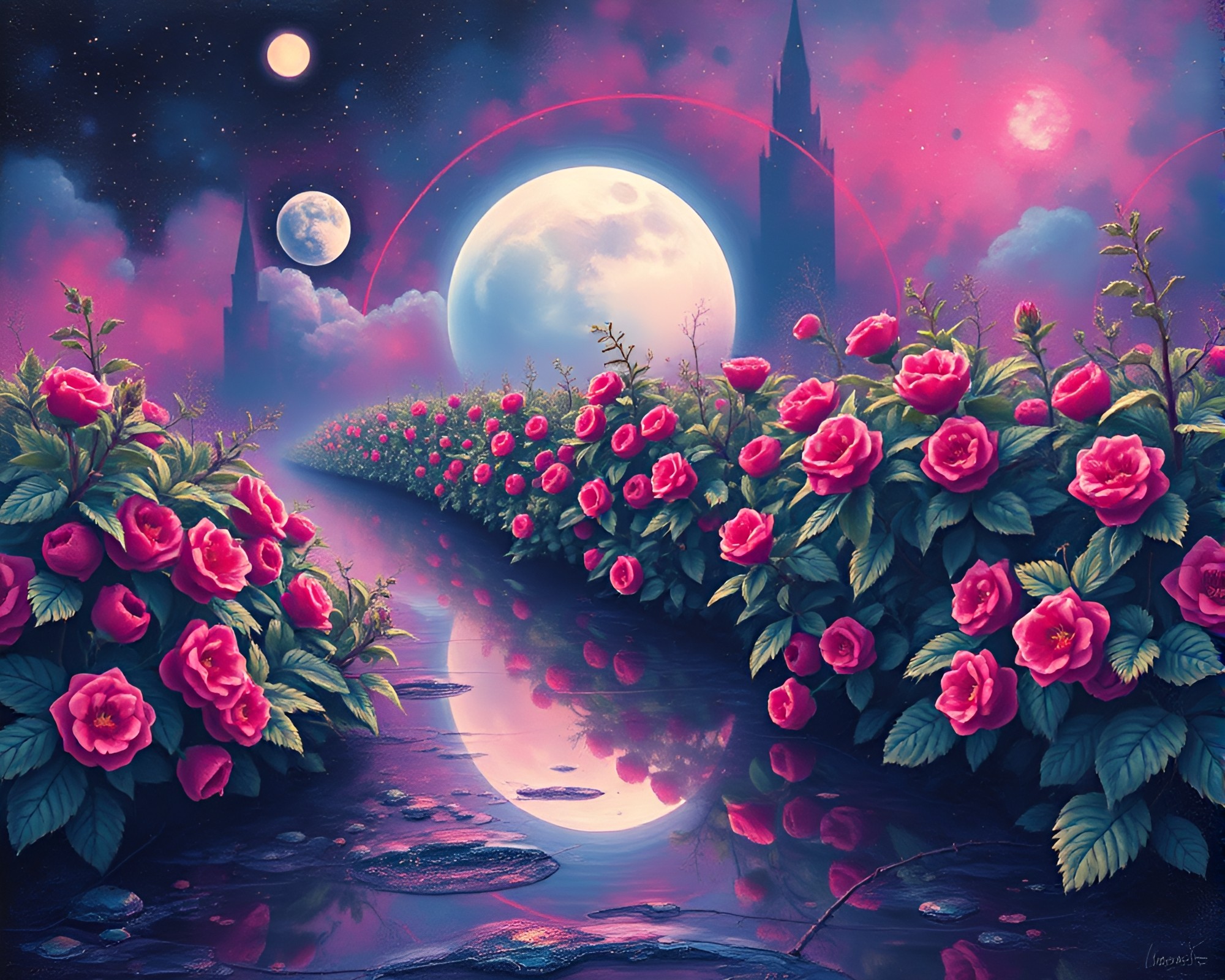 Neon Raspberry Bush in Planetary Sgraffito Glow – free AI stock image