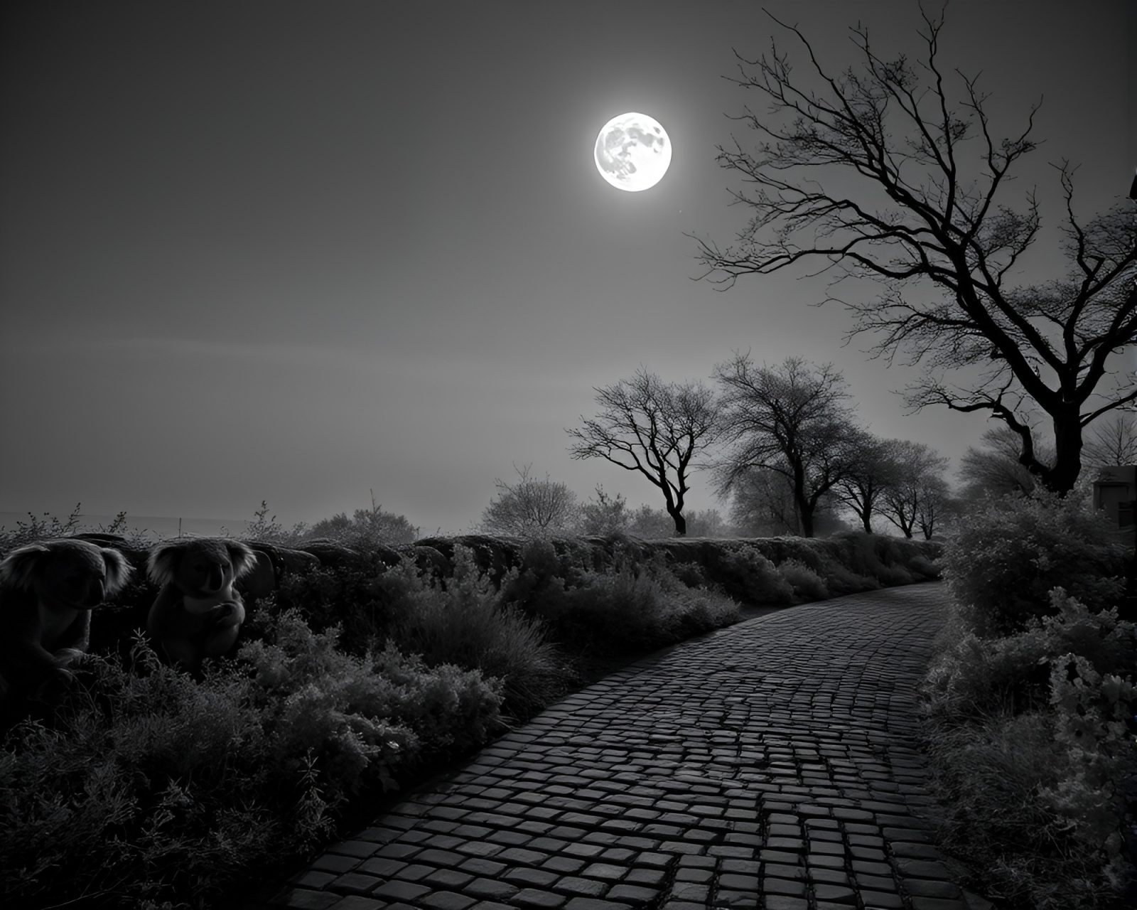 Serene koala under lunar infrared light on stone path