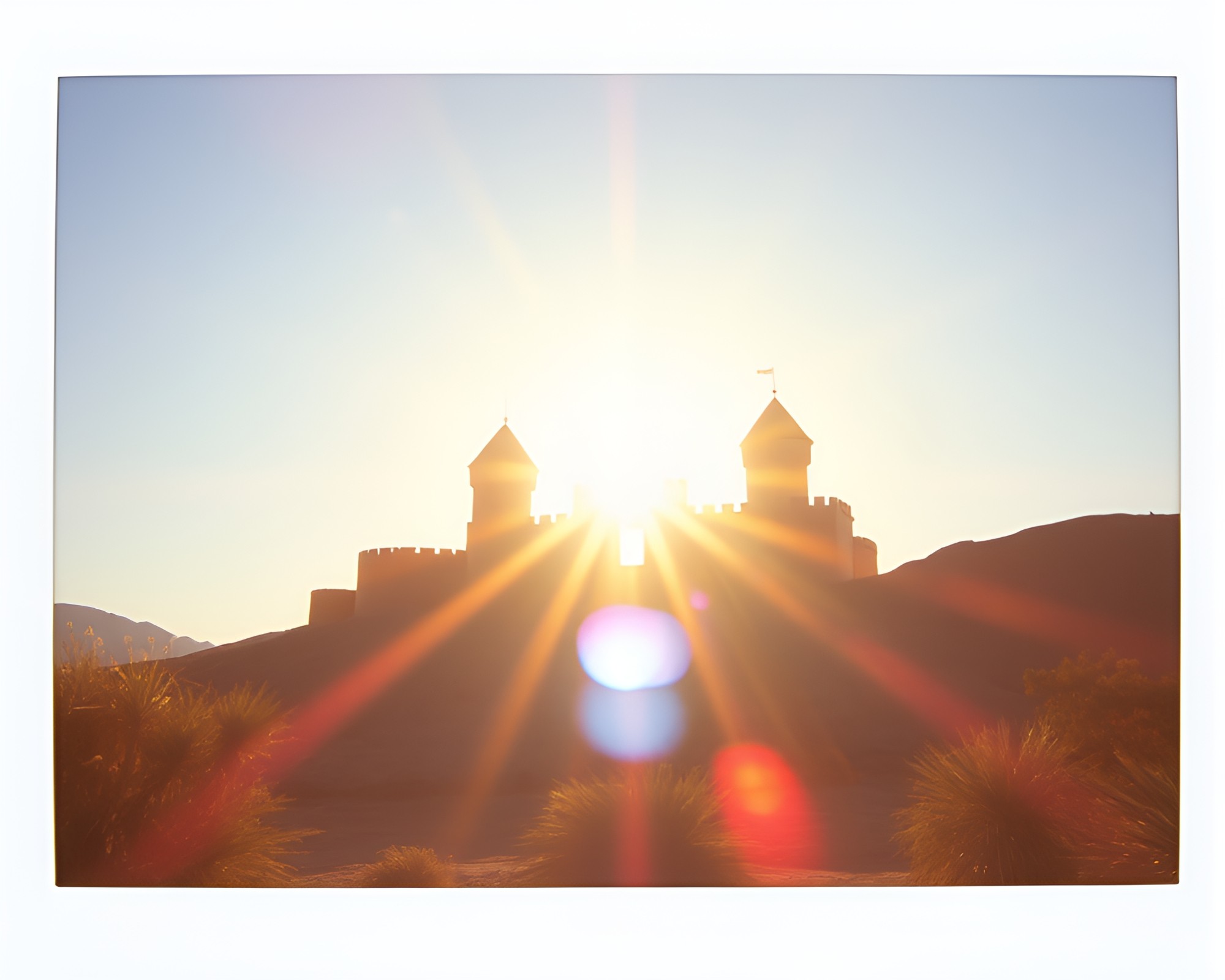 Solar Flare Glow Over Deserted Castle – free AI stock image