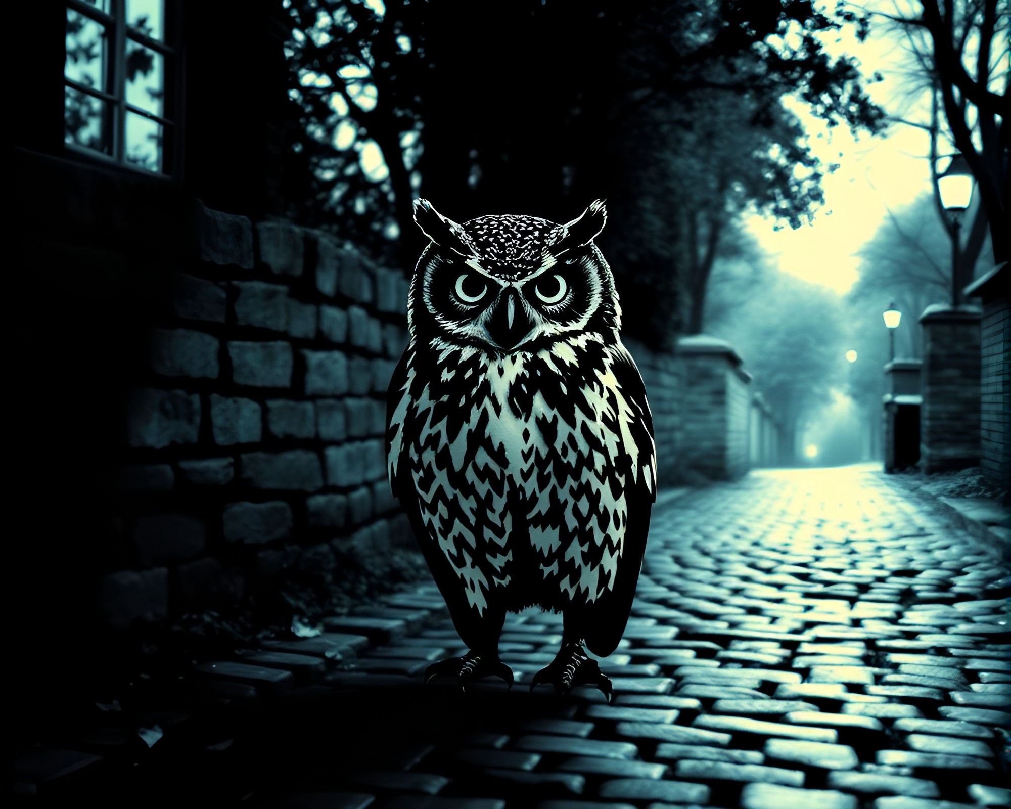 Owl Stencil Art on VHS Cobblestone Path – free AI stock image