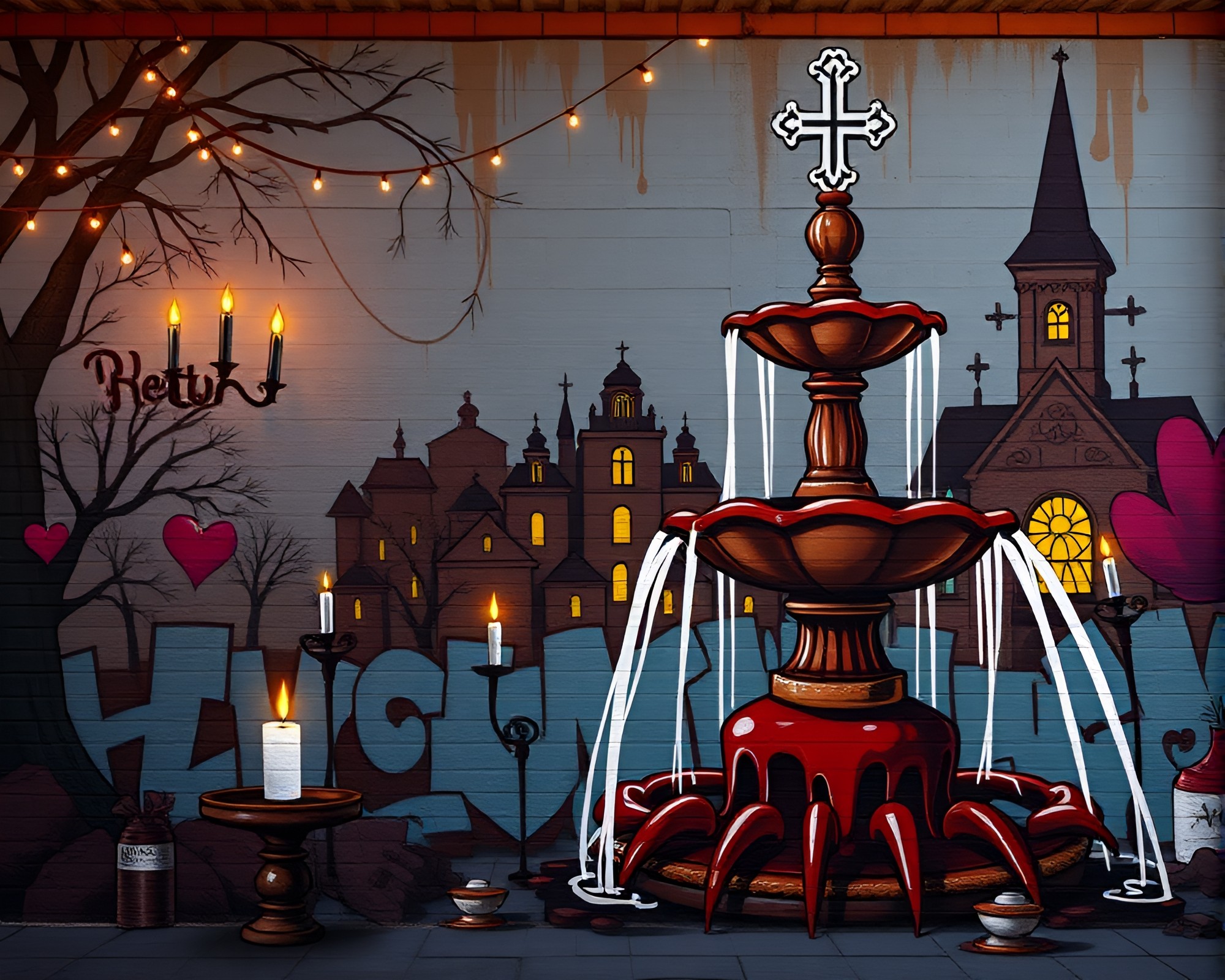 Anime Chocolate Fountain Mural in Church Candlelight – free AI stock image