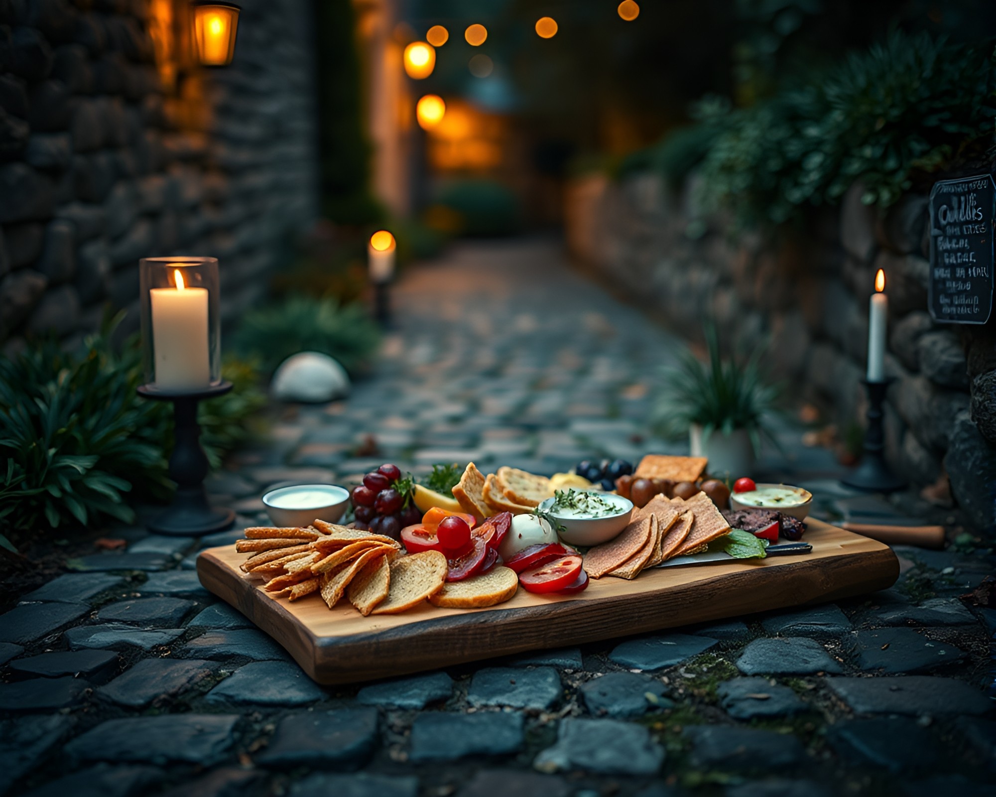 Candlelit Charcuterie on Cobblestone Path – free AI stock image