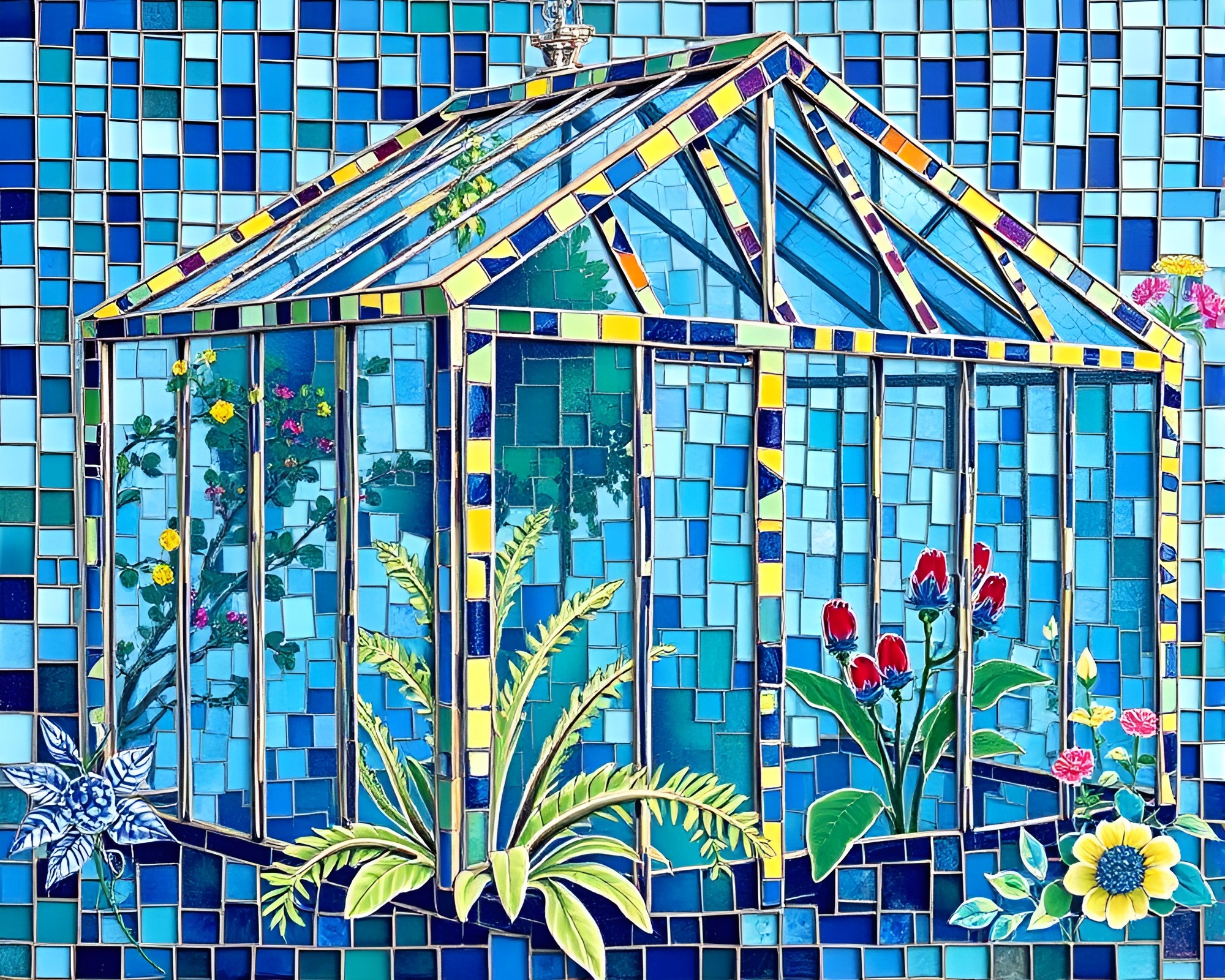 Sapphire Glass Greenhouse Mosaic Acrylic Painting – free AI stock image