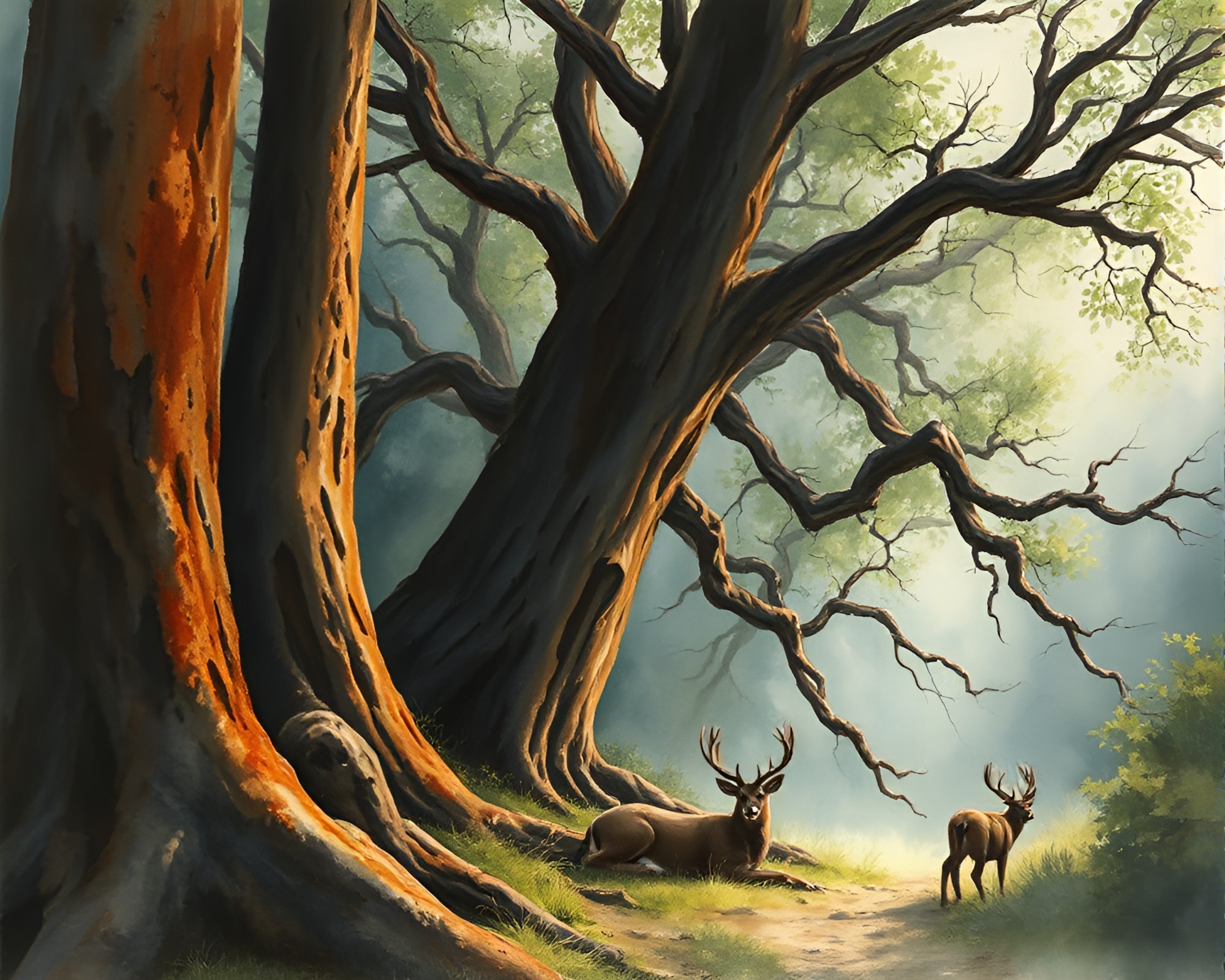 Enchanting Ancient Grove: Dramatic Watercolor Wildlife Portrait – free AI stock image
