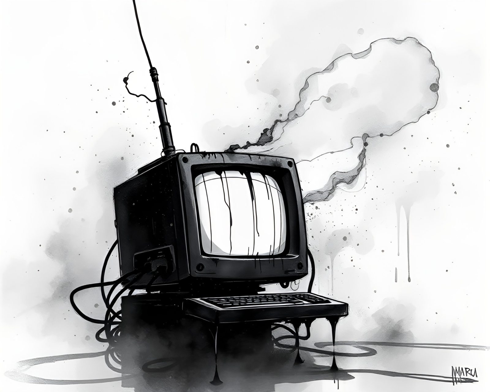 Futuristic quantum computer amidst smoky haze, comic style art