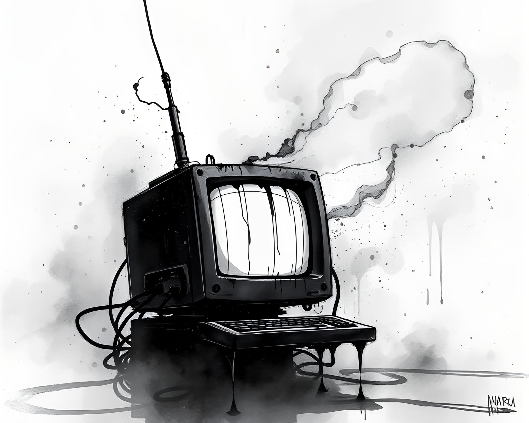 Quantum Computer Comic Book Style Art with Ink Wash Drips – free AI stock image