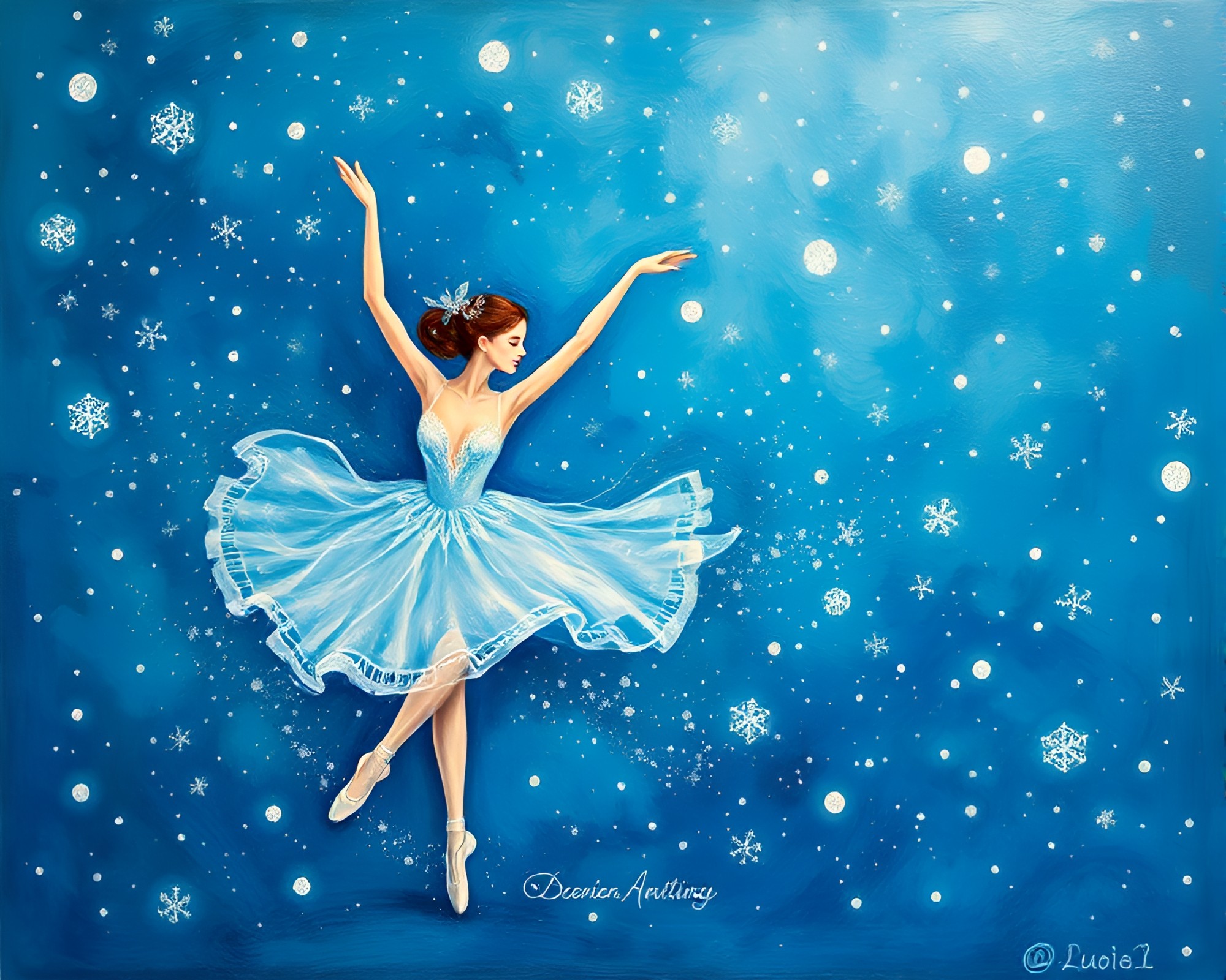 Snowflake Ballet: Ocean Blue Fresco Painting – free AI stock image