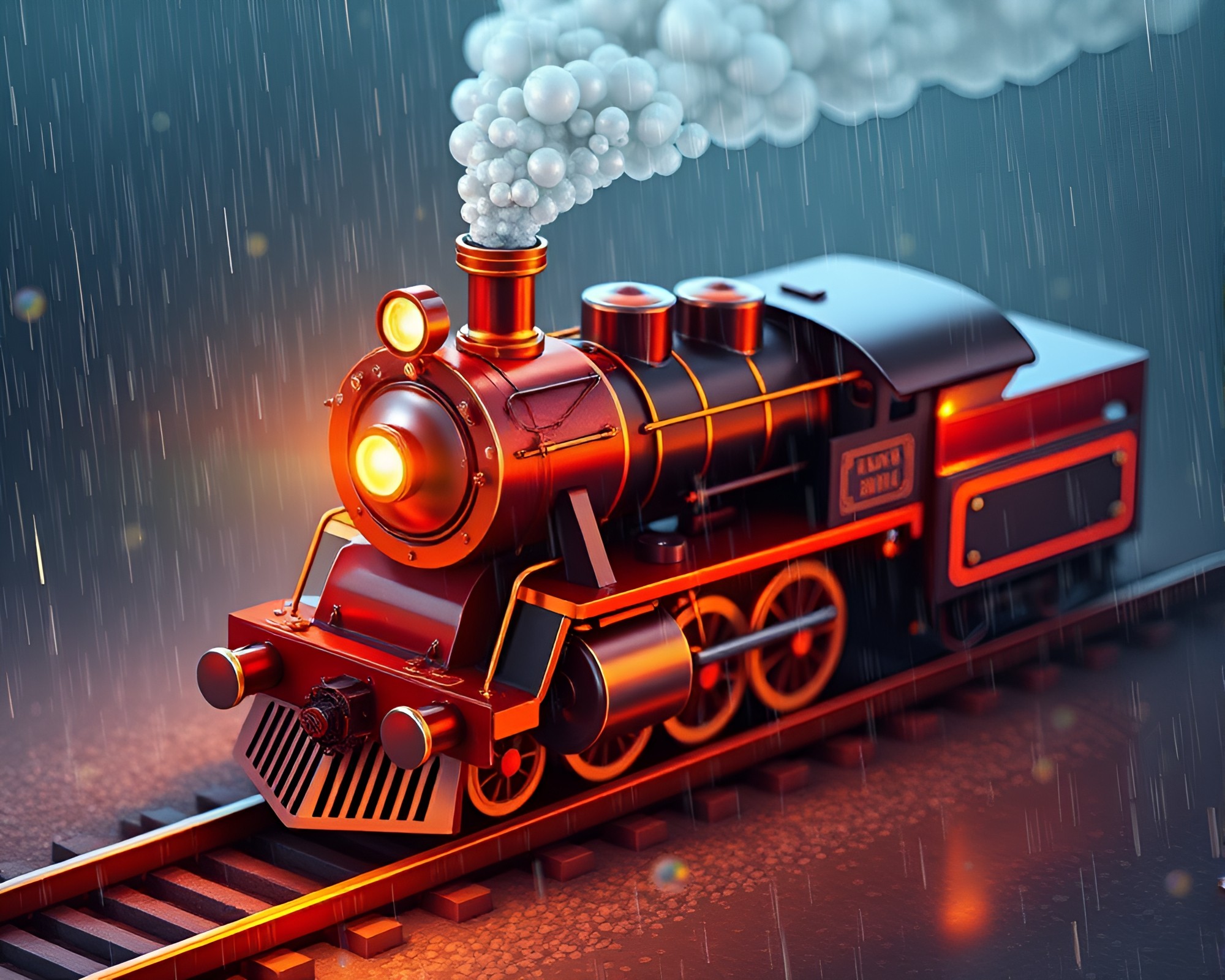 Rain Droplets on Isometric Steam Locomotive with Disco Ball Glimmer – free AI stock image