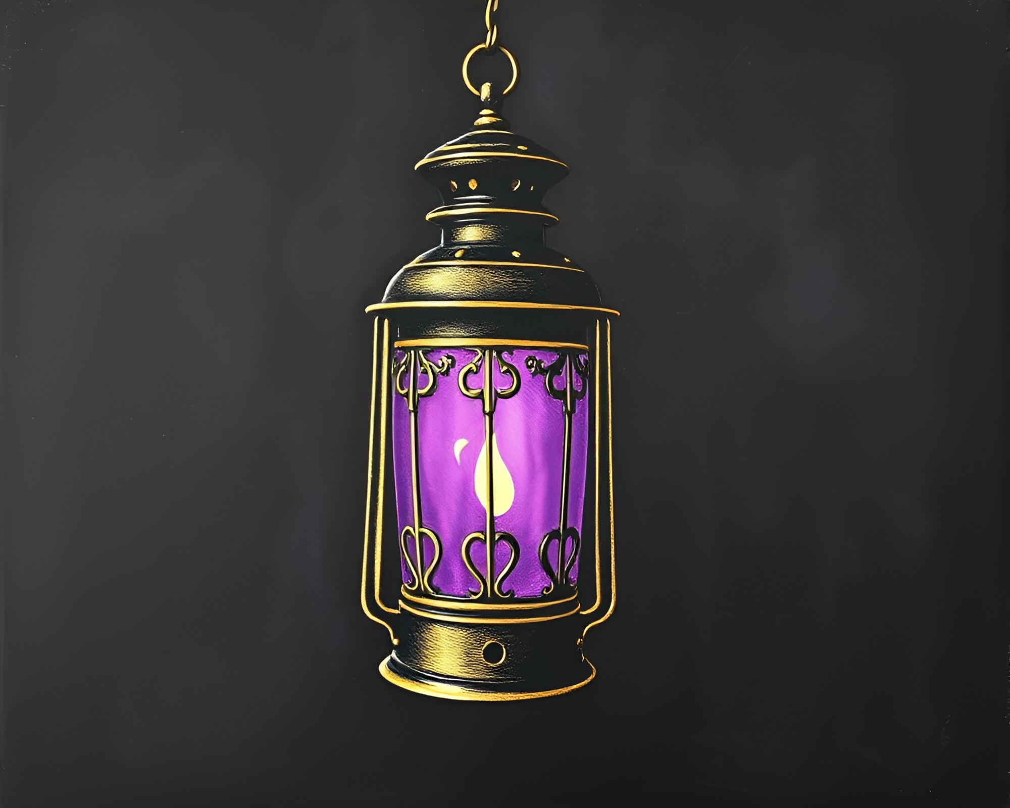 Foil Stamped Oil Lantern Illuminated in Amethyst Hue – free AI stock image