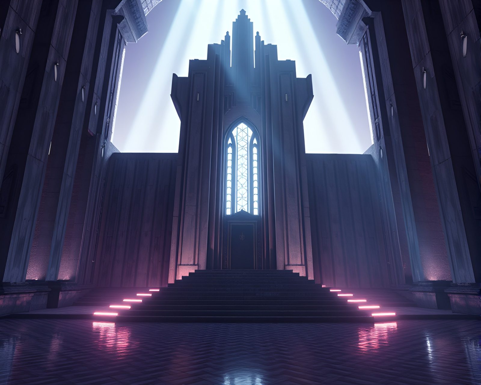 Digital rendering of a Brutalist throne room with crosshatched details