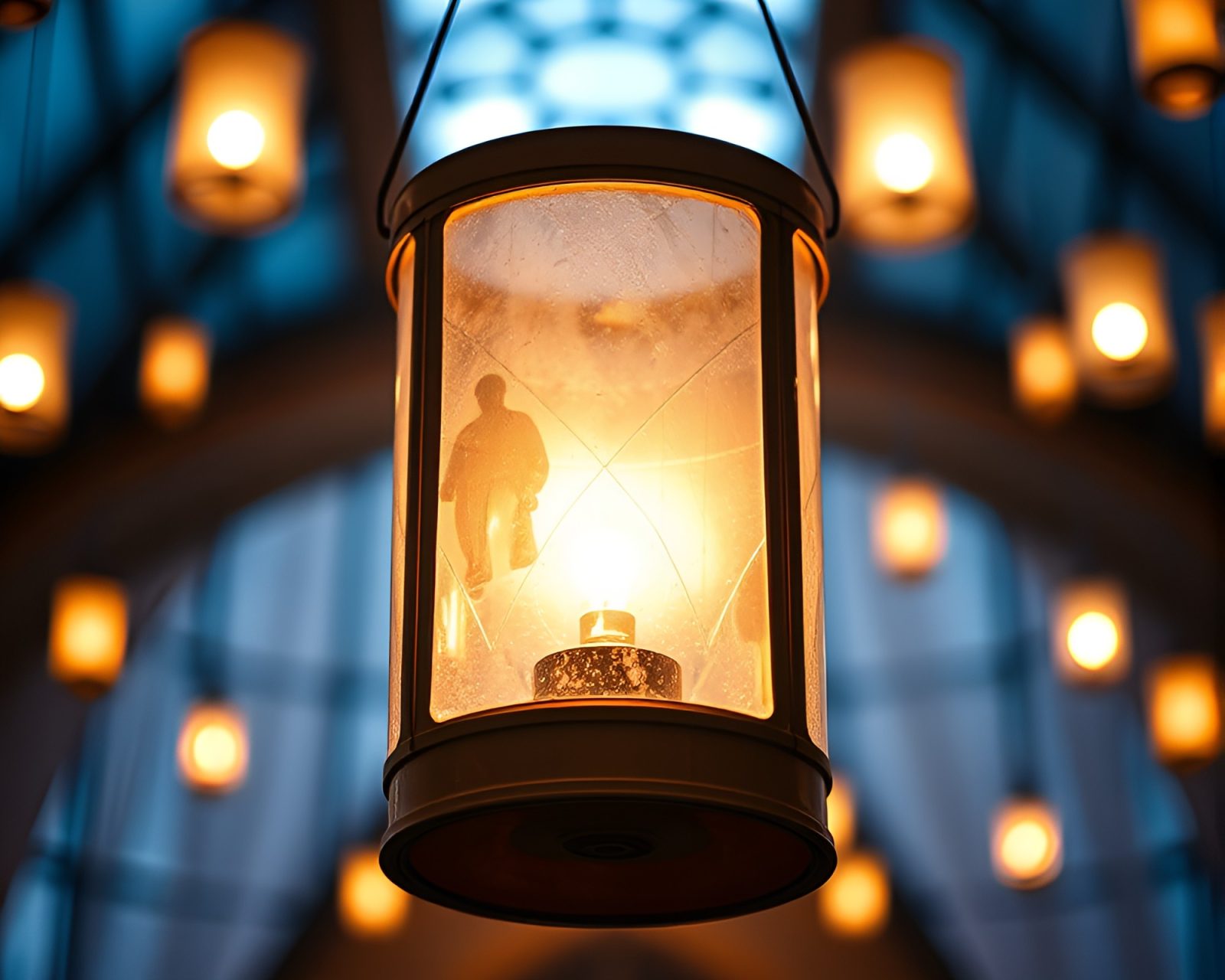 Colorful paper lanterns casting distorted reflections in an opera house