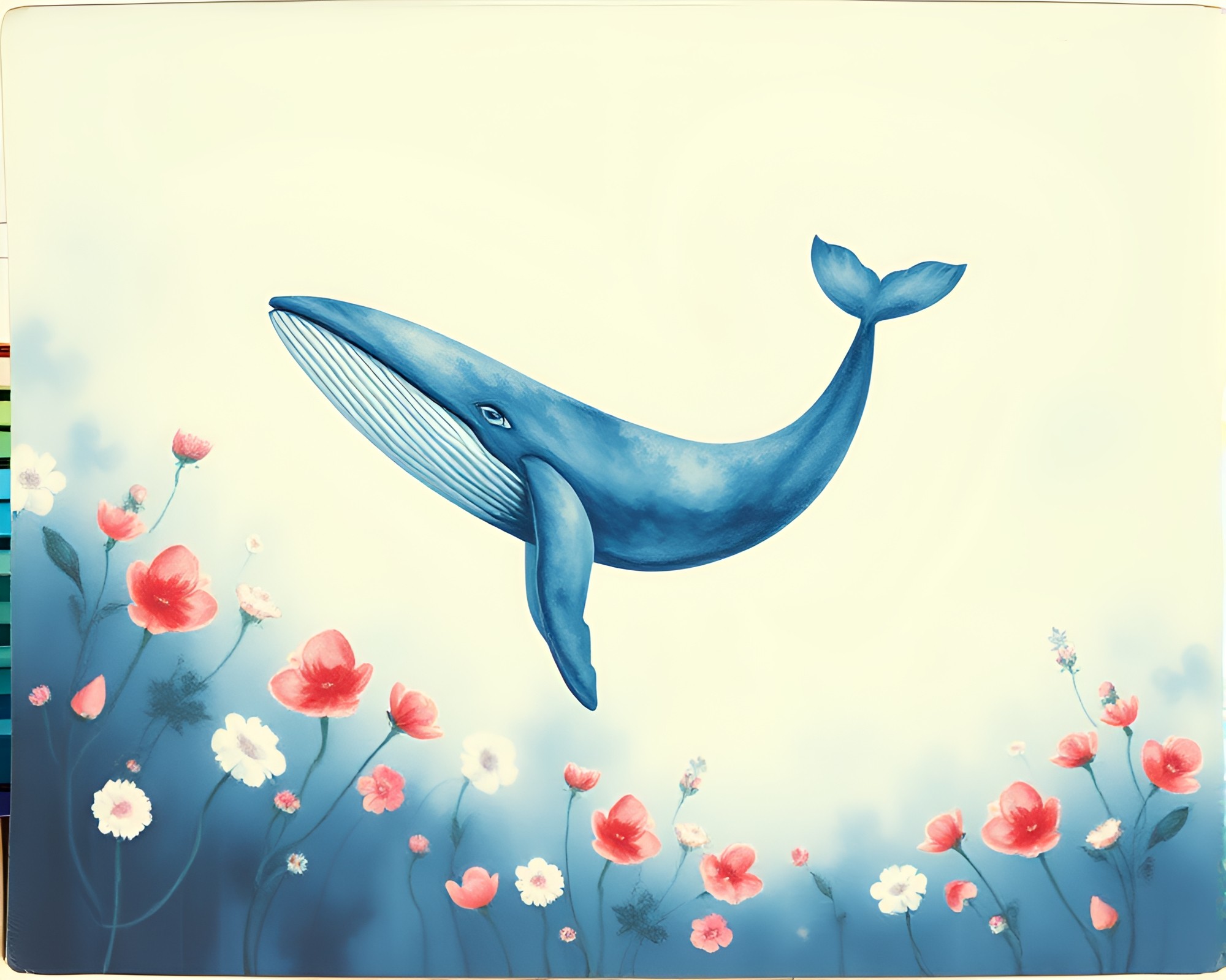 Whale in Vintage Watercolor Blooms Polaroid – free AI stock image
