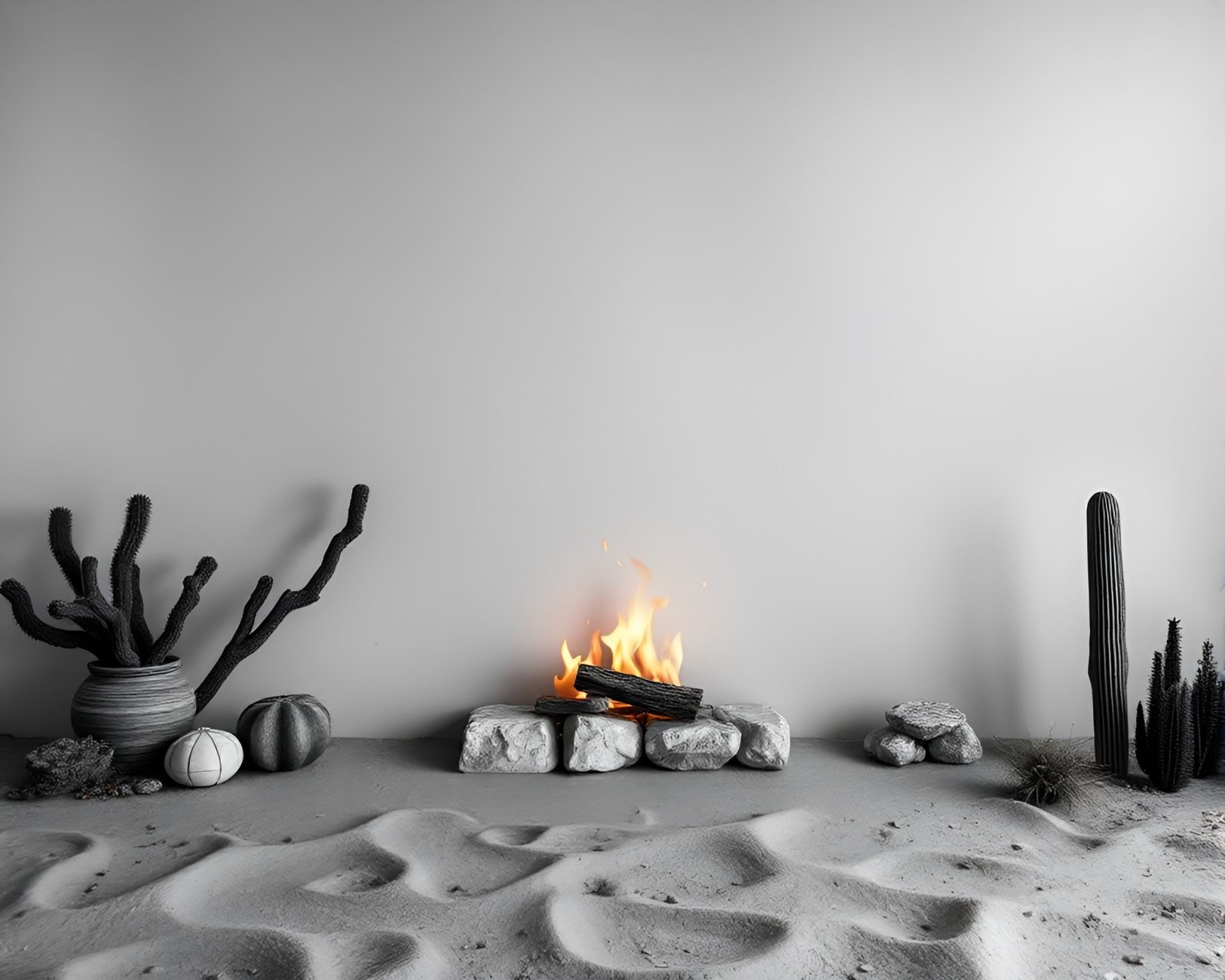 Black and white desert scene with shimmering gold accents