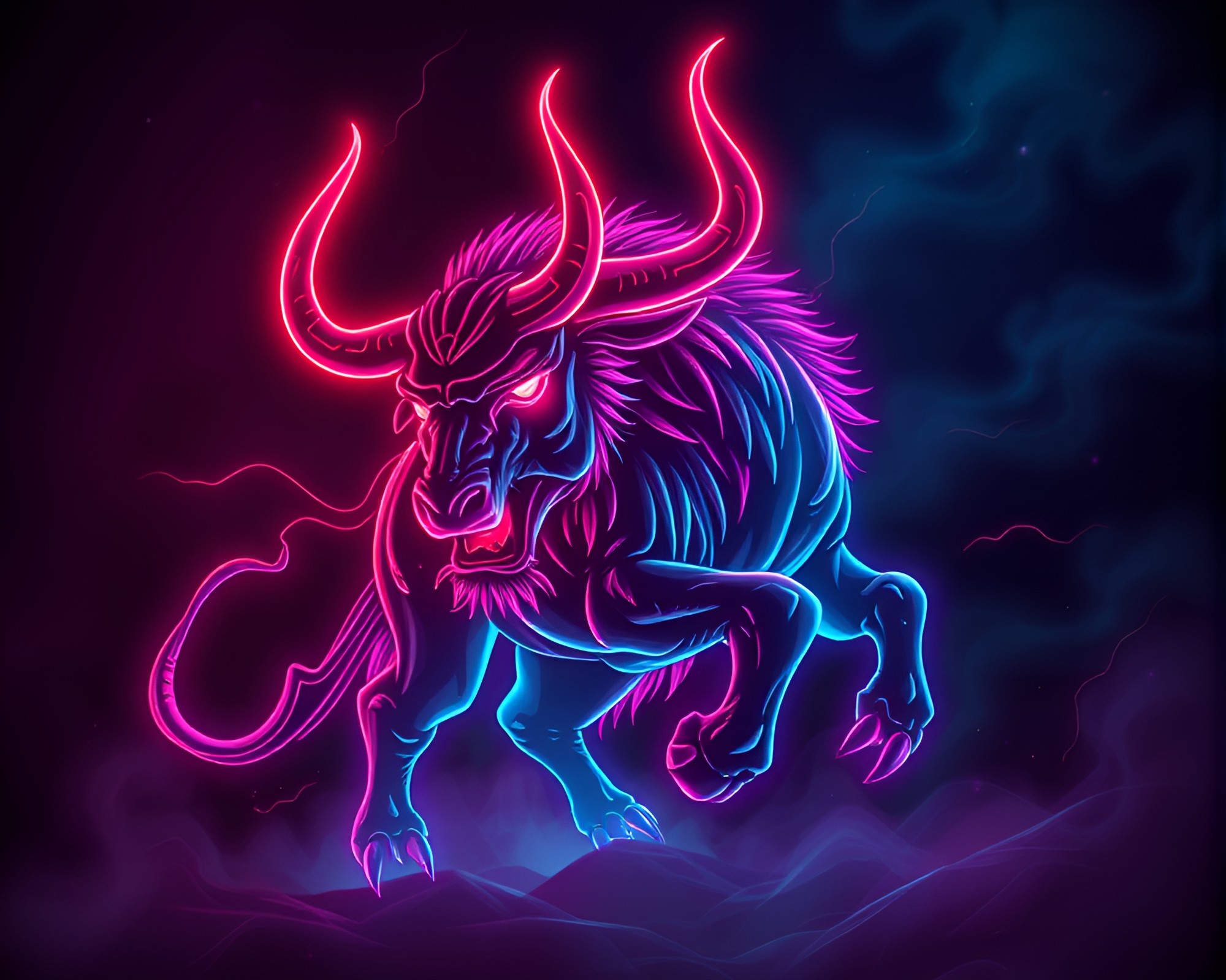 Neon Minotaur in Vector Art Depth Layering Composition – free AI stock image