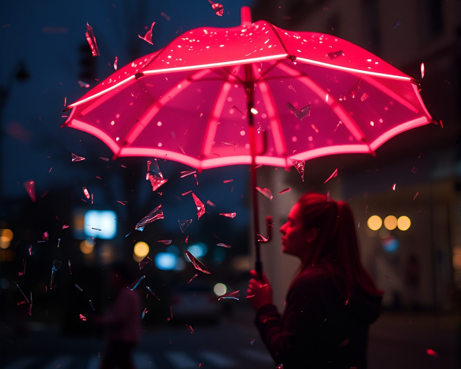 Double exposure photo of neon umbrella among glass fragments