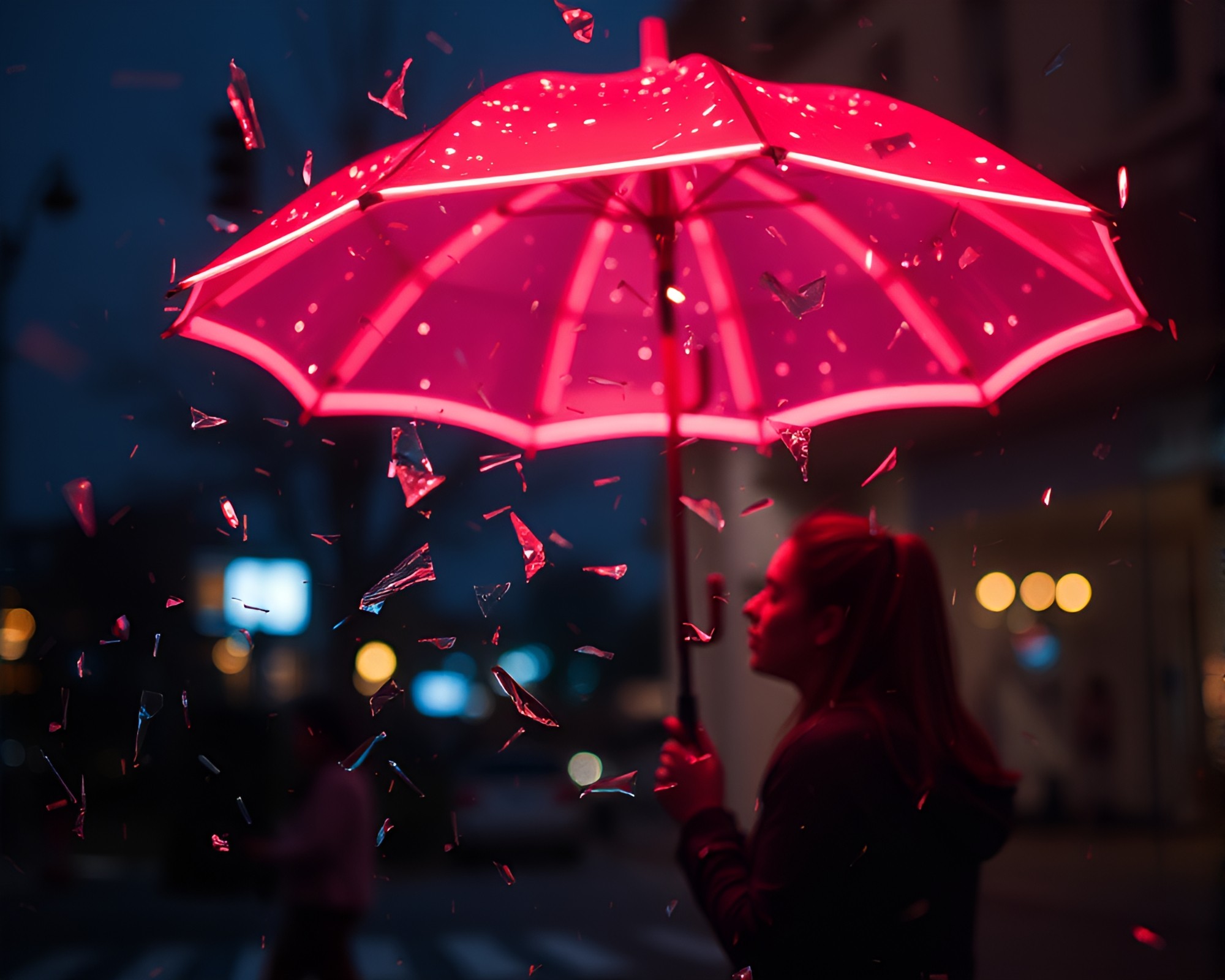 Neon-Lit Umbrella Amid Rose Gold Shards – free AI stock image