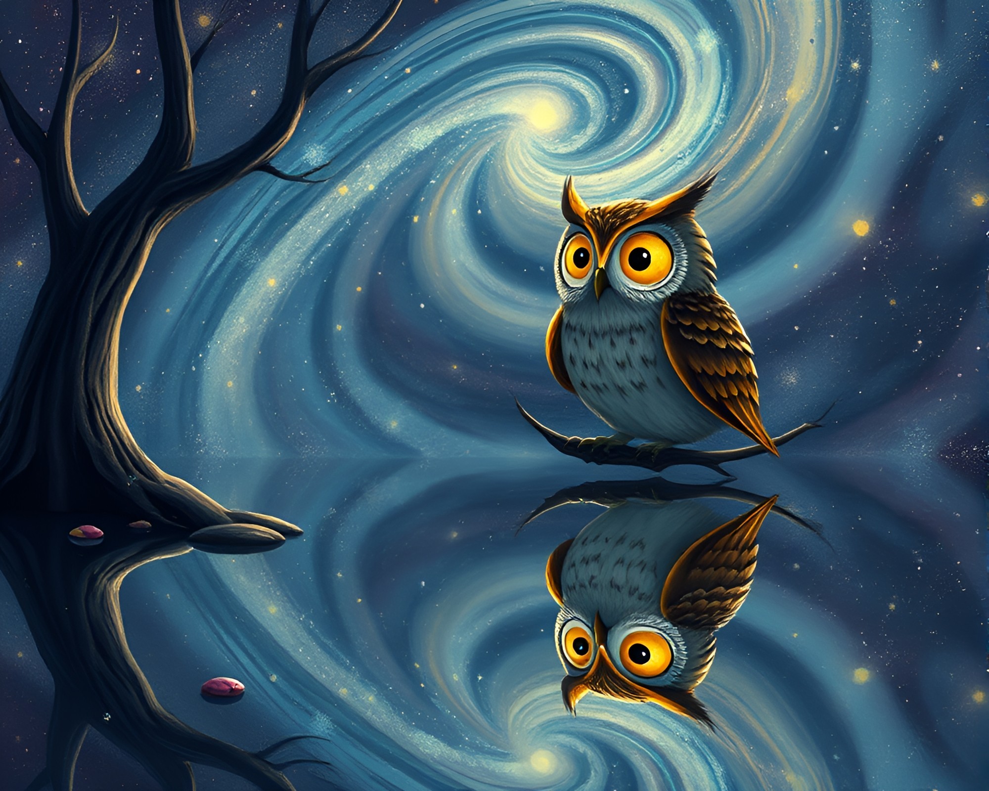 Clockwork Owl Reflecting in Milky Way Swirl – free AI stock image