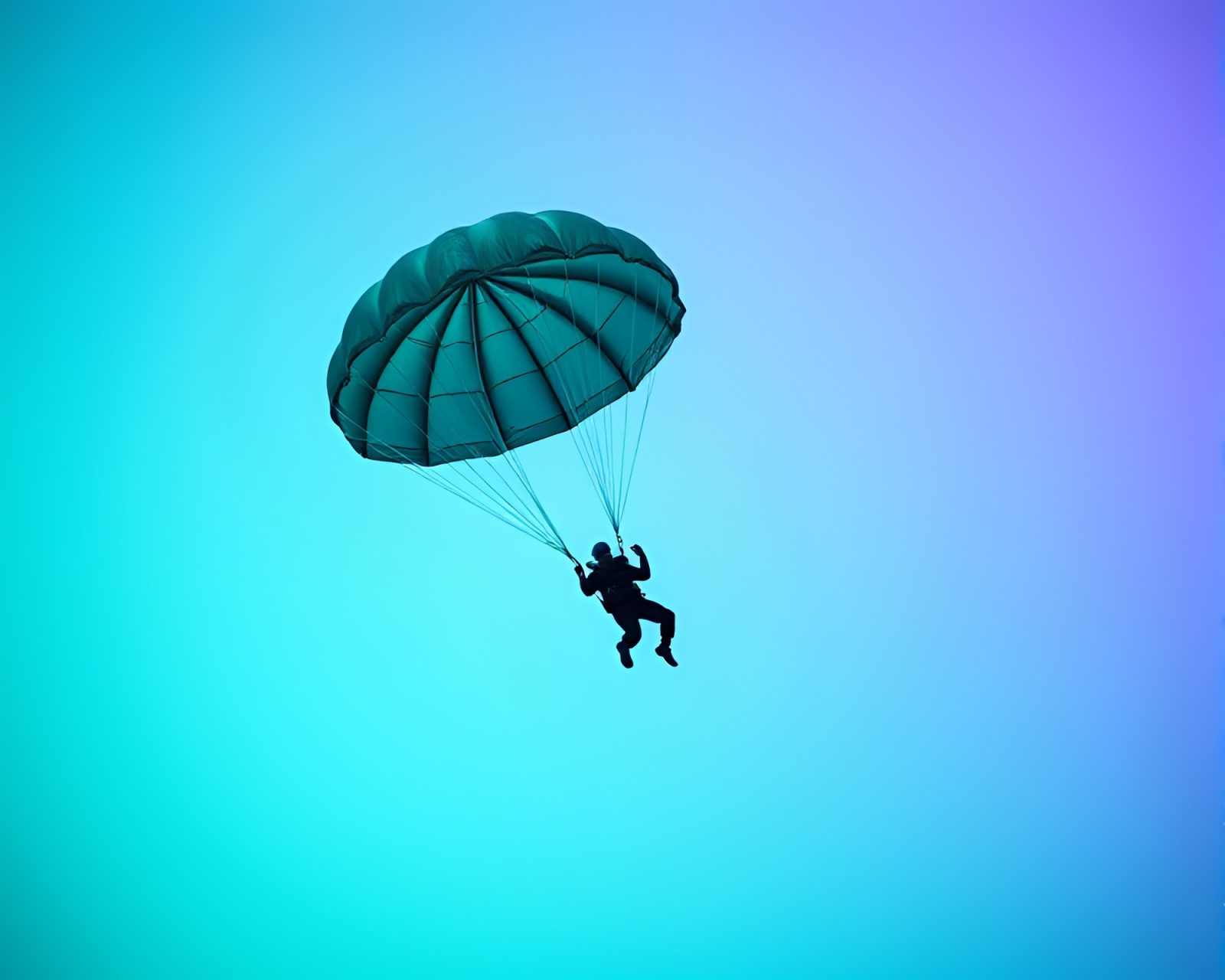 Ethereal image of parachute jumper in copper verdigris landscape