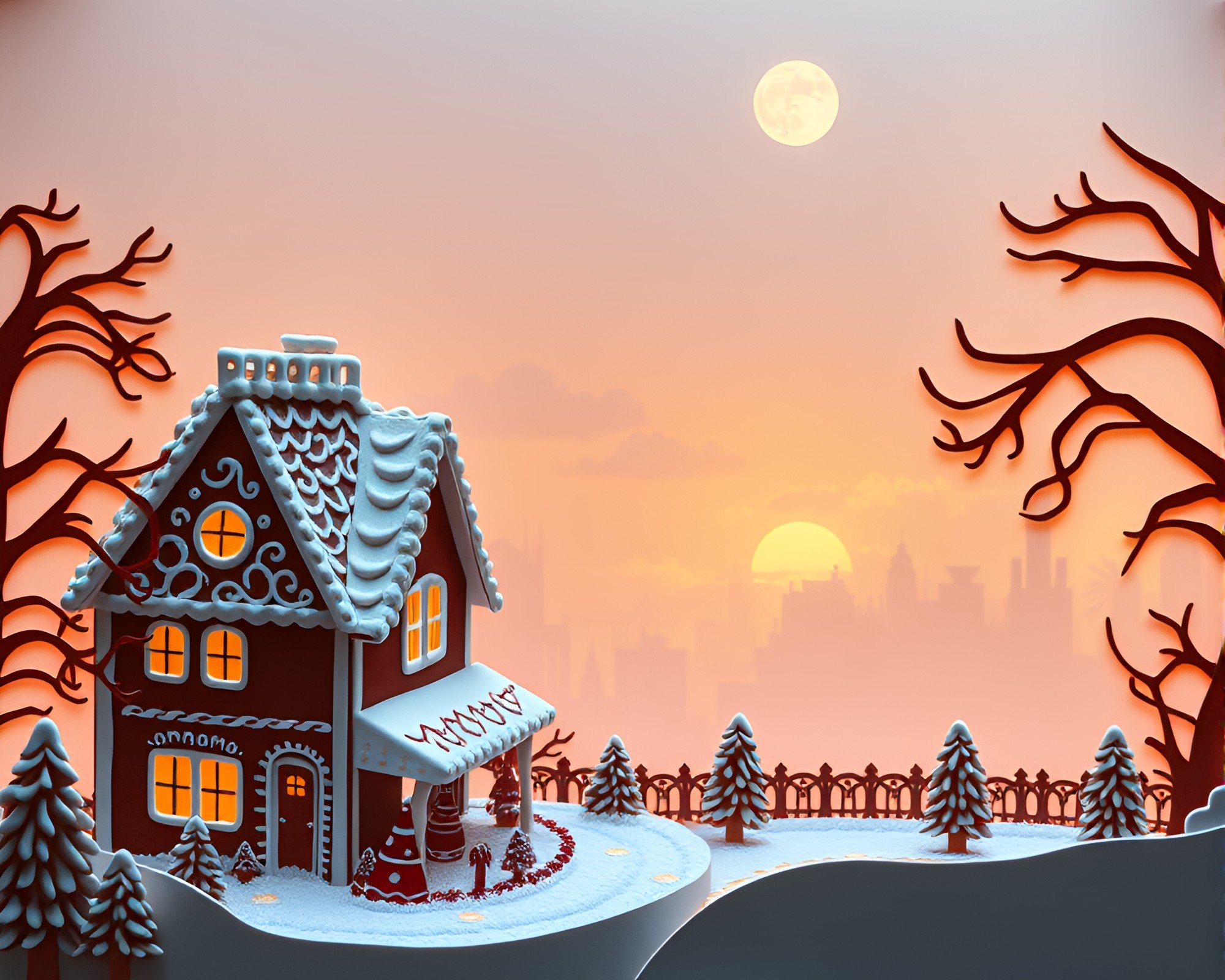 Misty Gingerbread House in Paper Cutout Style – free AI stock image