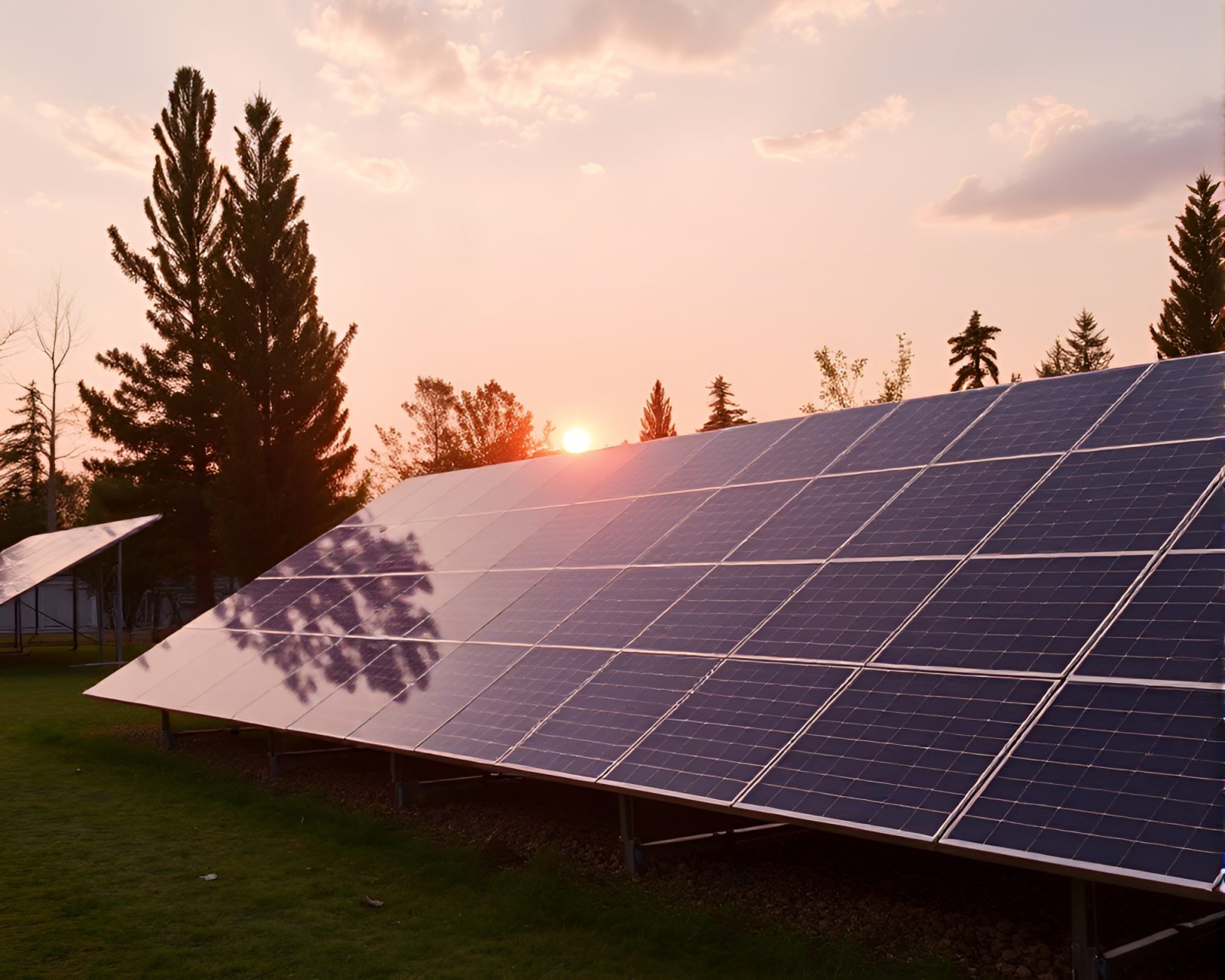 Vibrant pink hues reflect off solar panels in rainbow colors