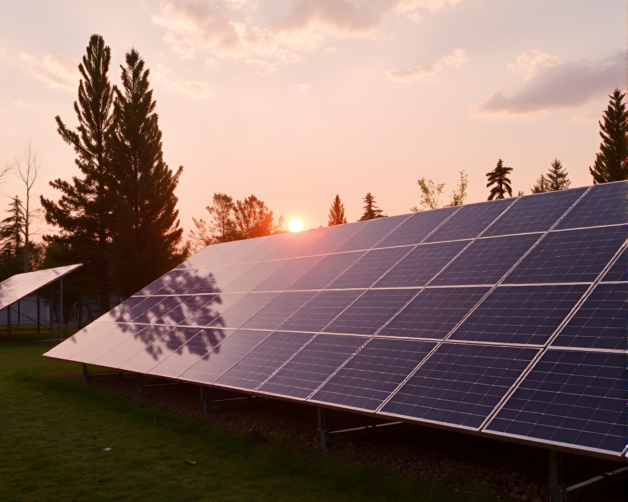 Rainbow Refraction in Sunrise Solar Panel Array – free AI stock image