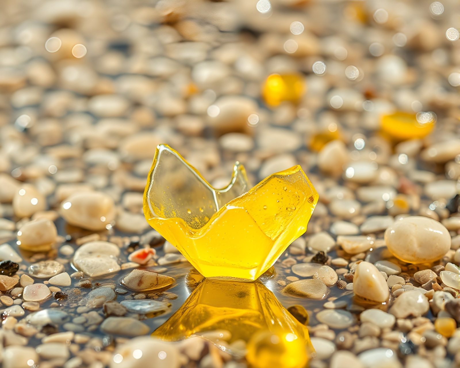 Colorful reflections of broken glass on sunny beach