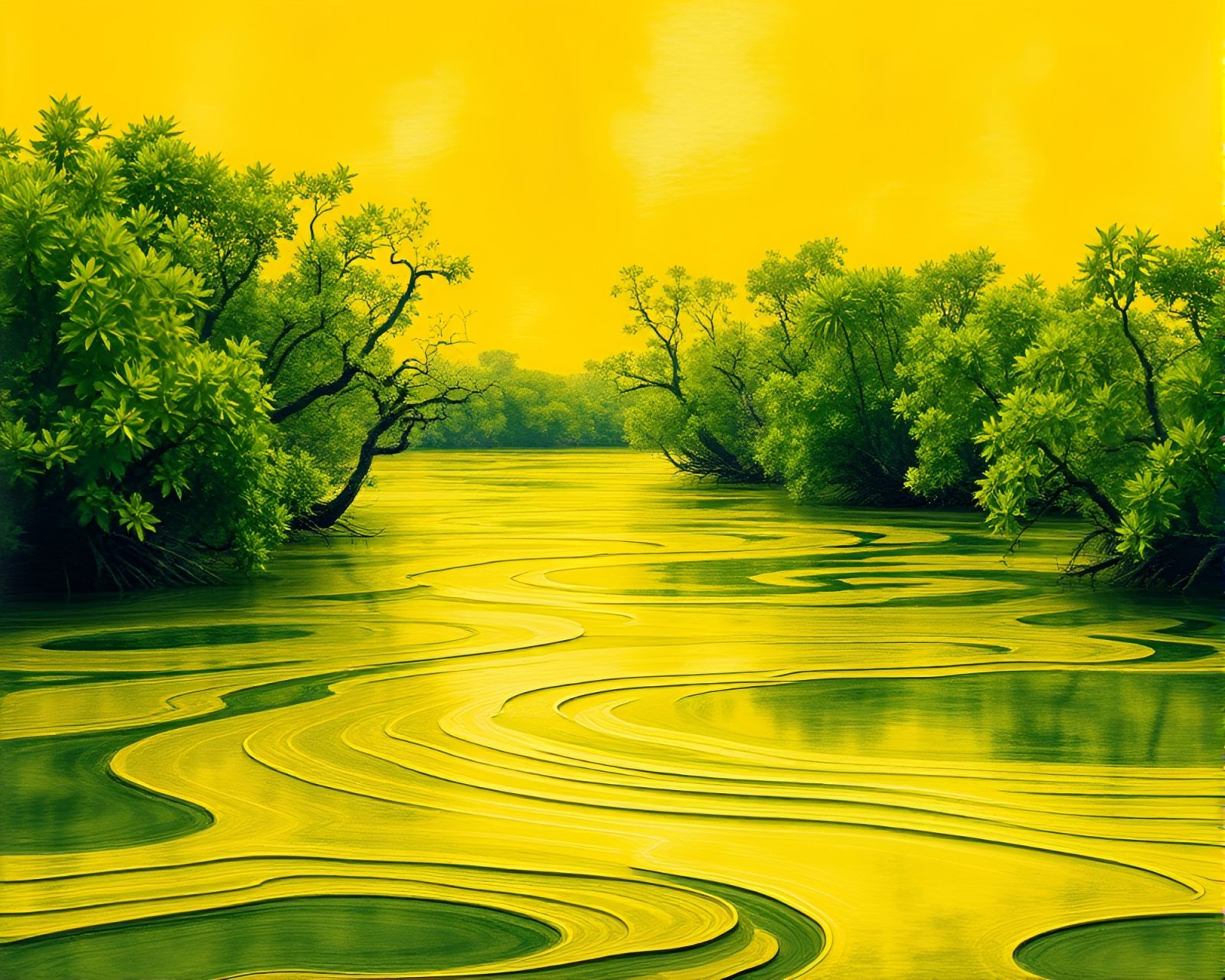 Impasto ridges of a mangrove swamp in vibrant lemon yellow hues