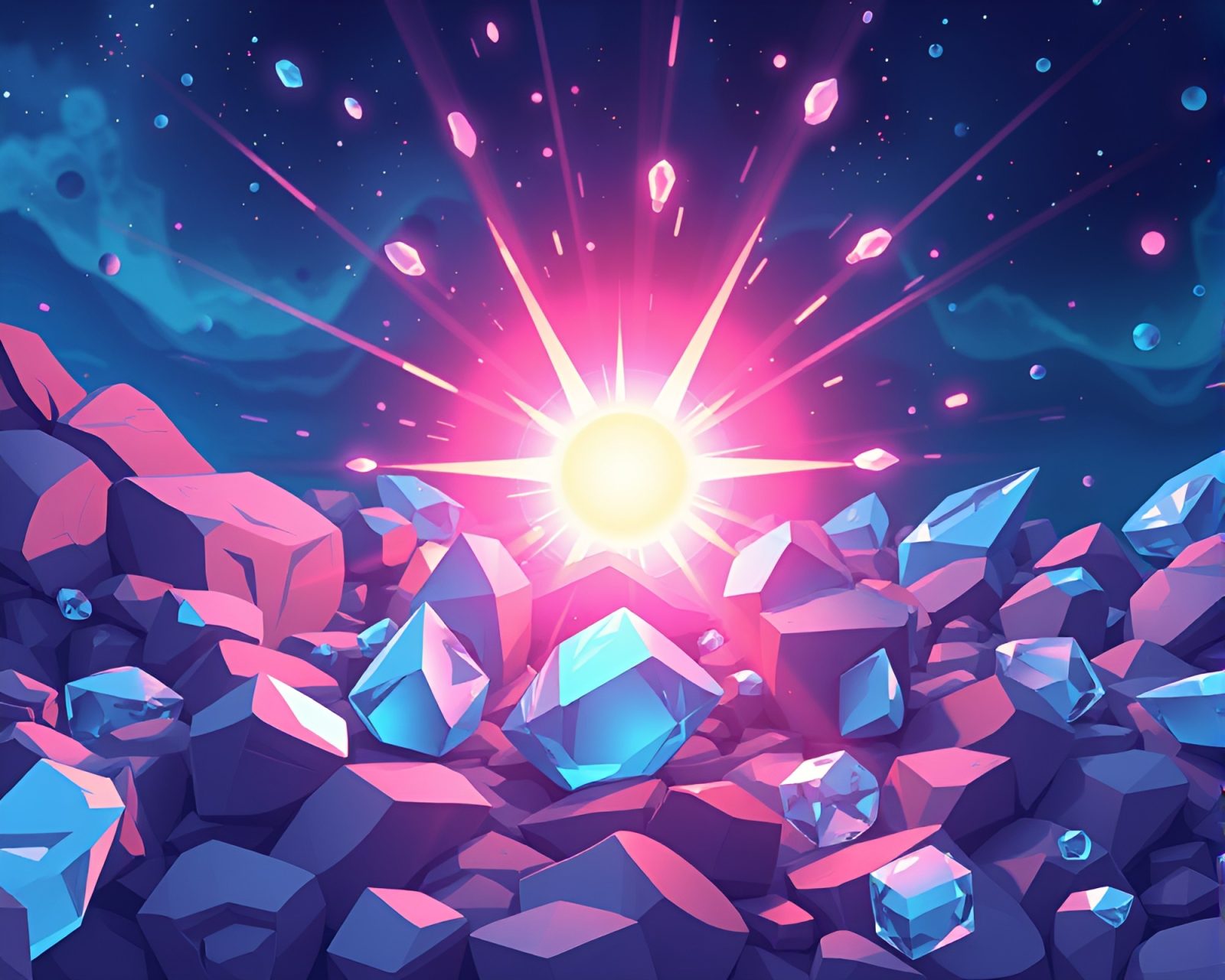 Vibrant toon-shaded ice crystals surrounding a futuristic reactor