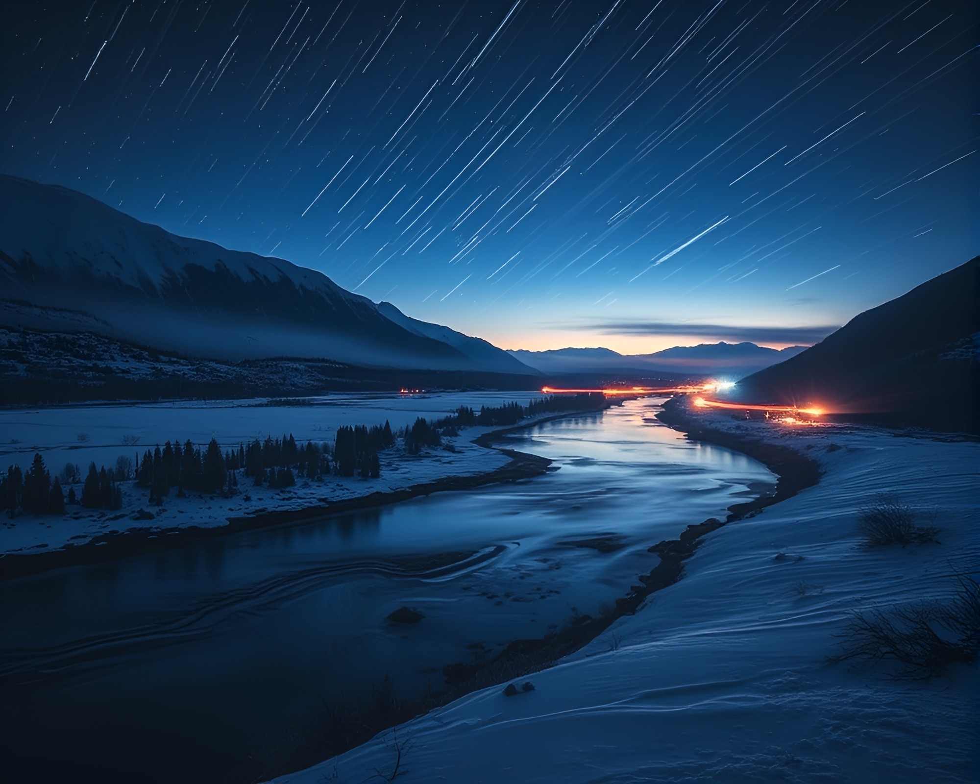 Savage River Illuminated in Polar Twilight Light Trails – free AI stock image
