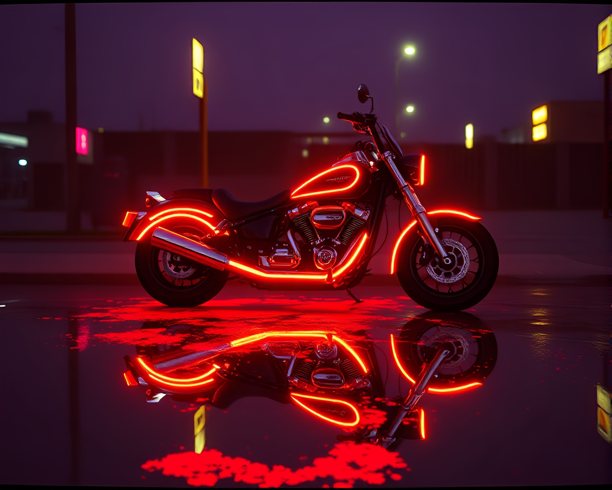 Neon Motorcycle Double Reflection Splatter Art – free AI stock image