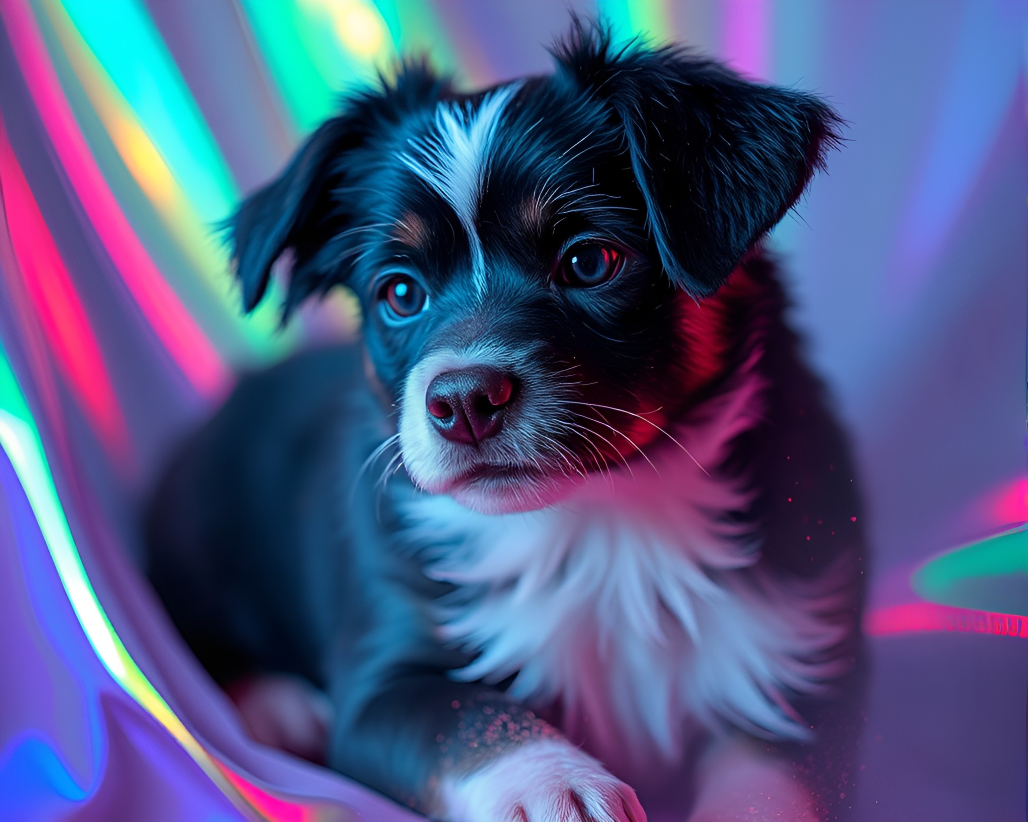 Holographic Cat in Dusty Screen Print – free AI stock image