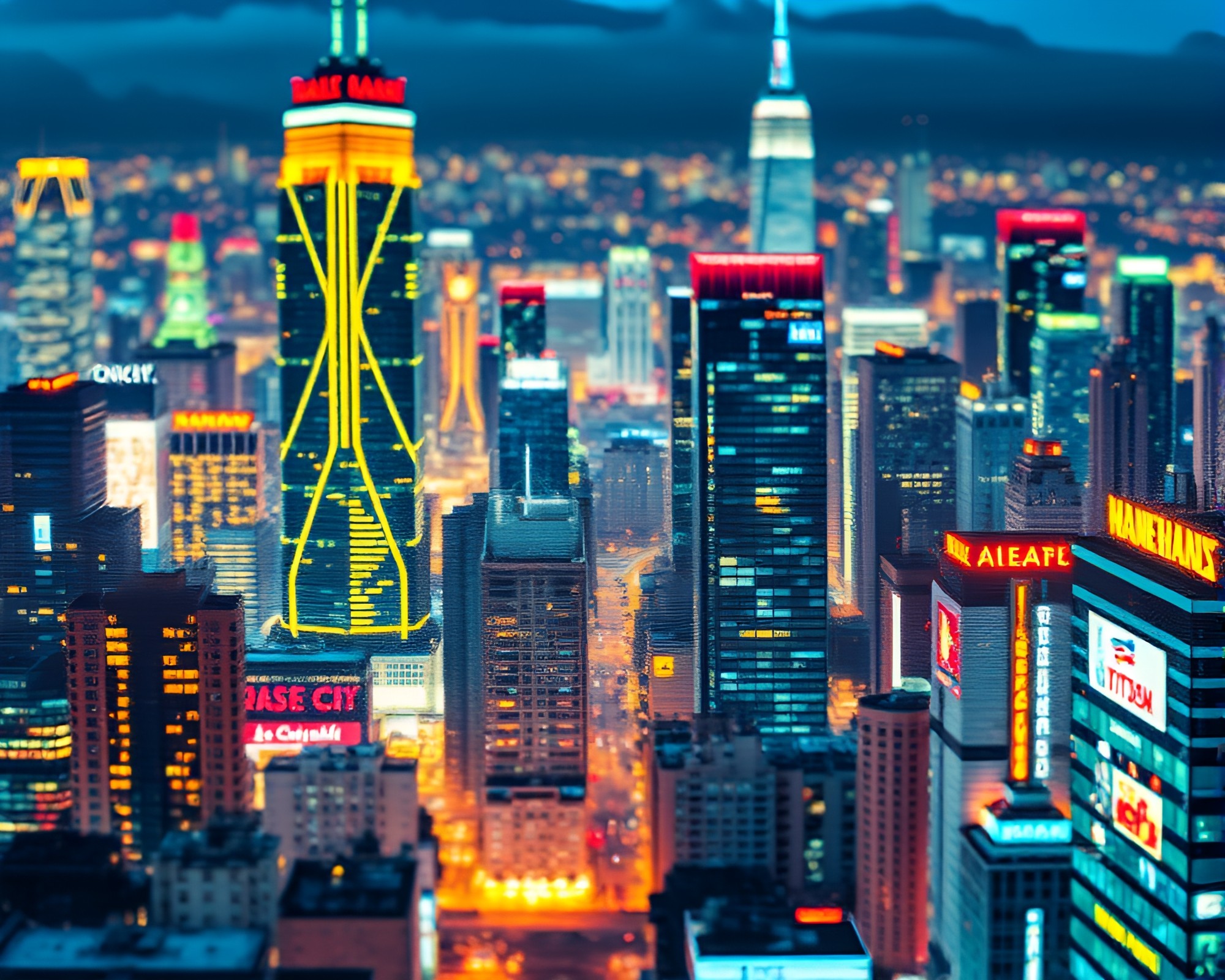 Neon virtual cityscape: lithographic hyper-saturation – free AI stock image