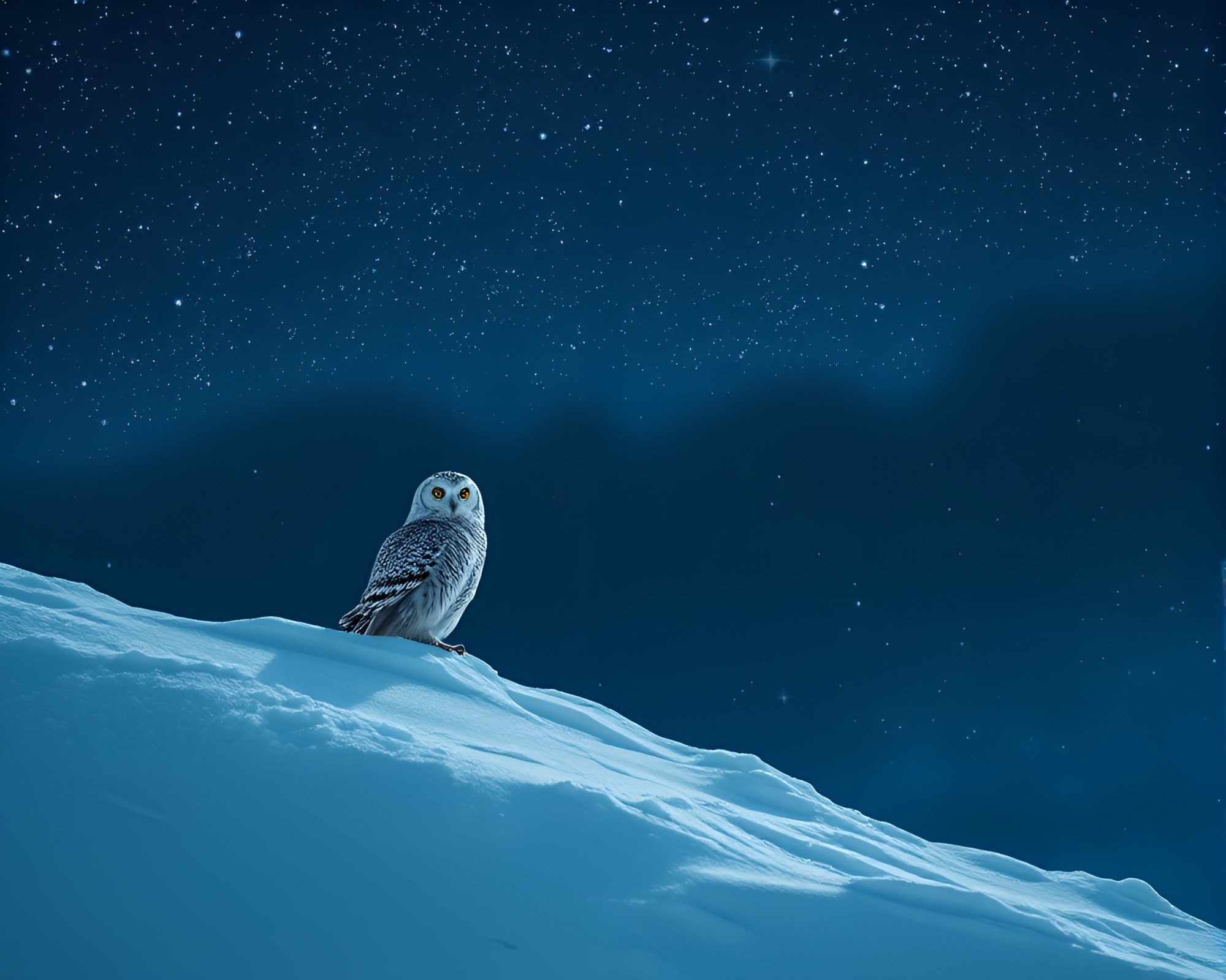 Snowy Owl in Starlit Sky Stereo View – free AI stock image