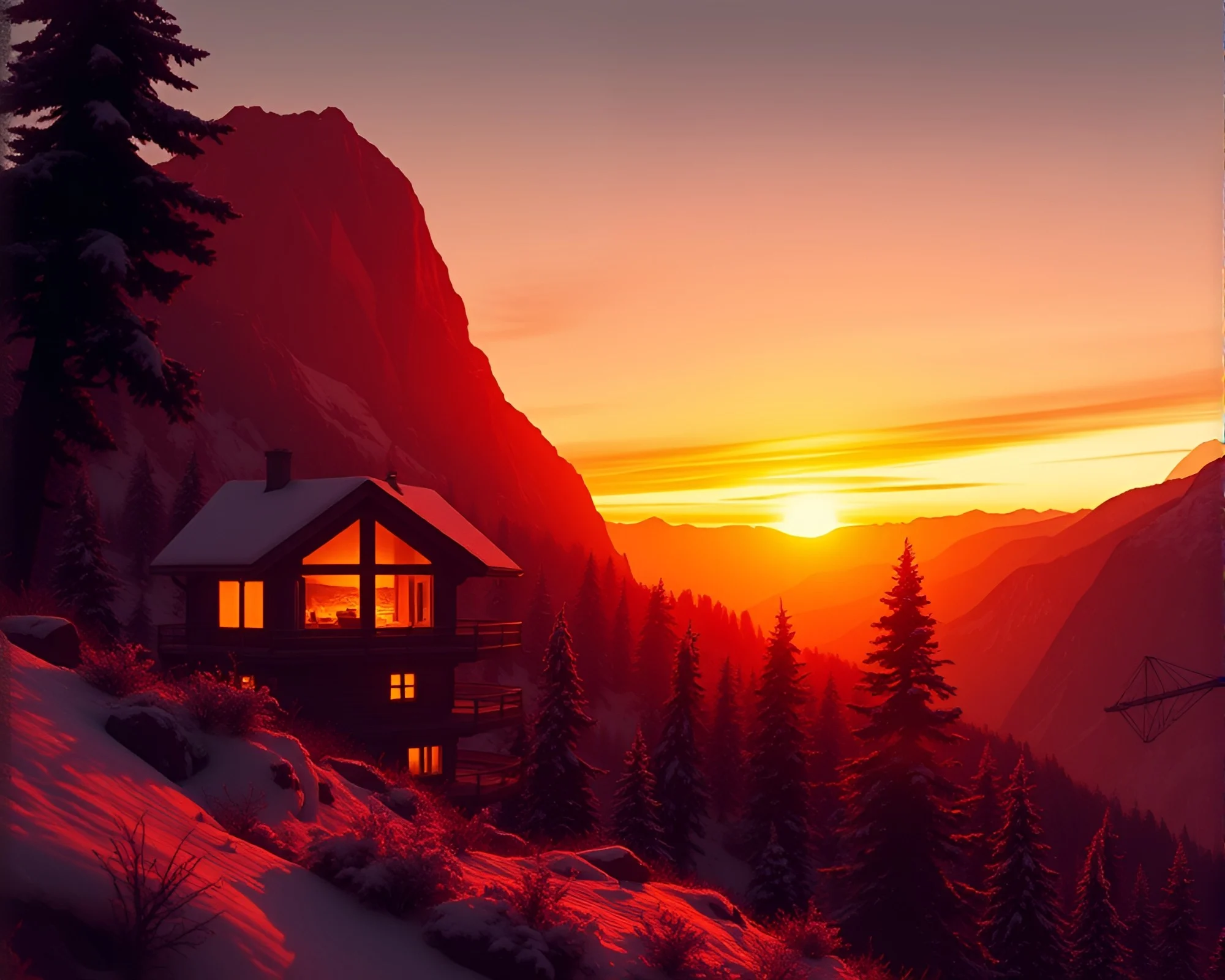 Maximalist Fractal Alpine Chalet Sunset Design