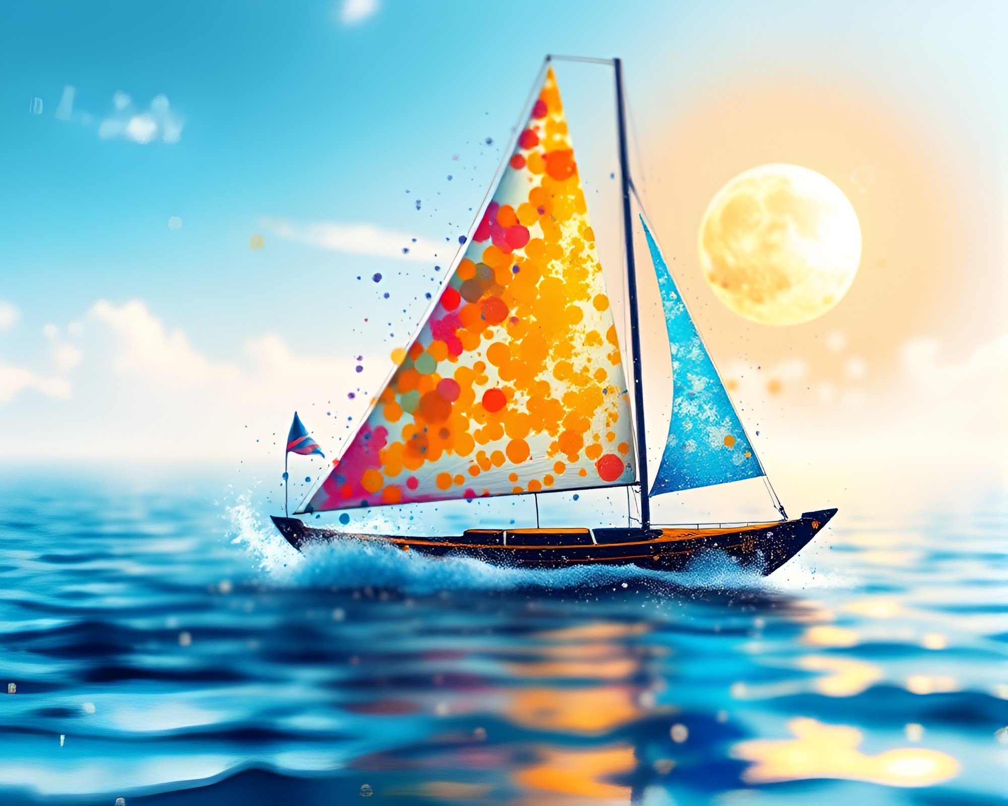 Solar Sailboat Sailing through Colorful Paint Splatters – free AI stock image