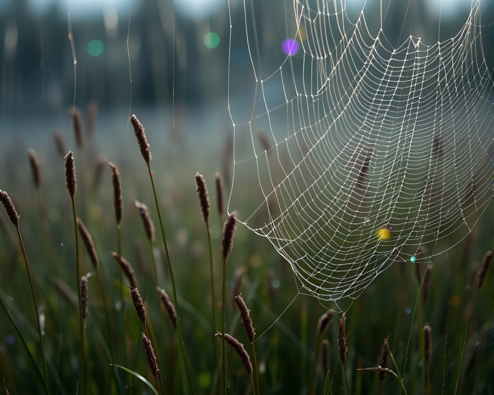 Fantastical scene of cobwebs glinting under geyser lights