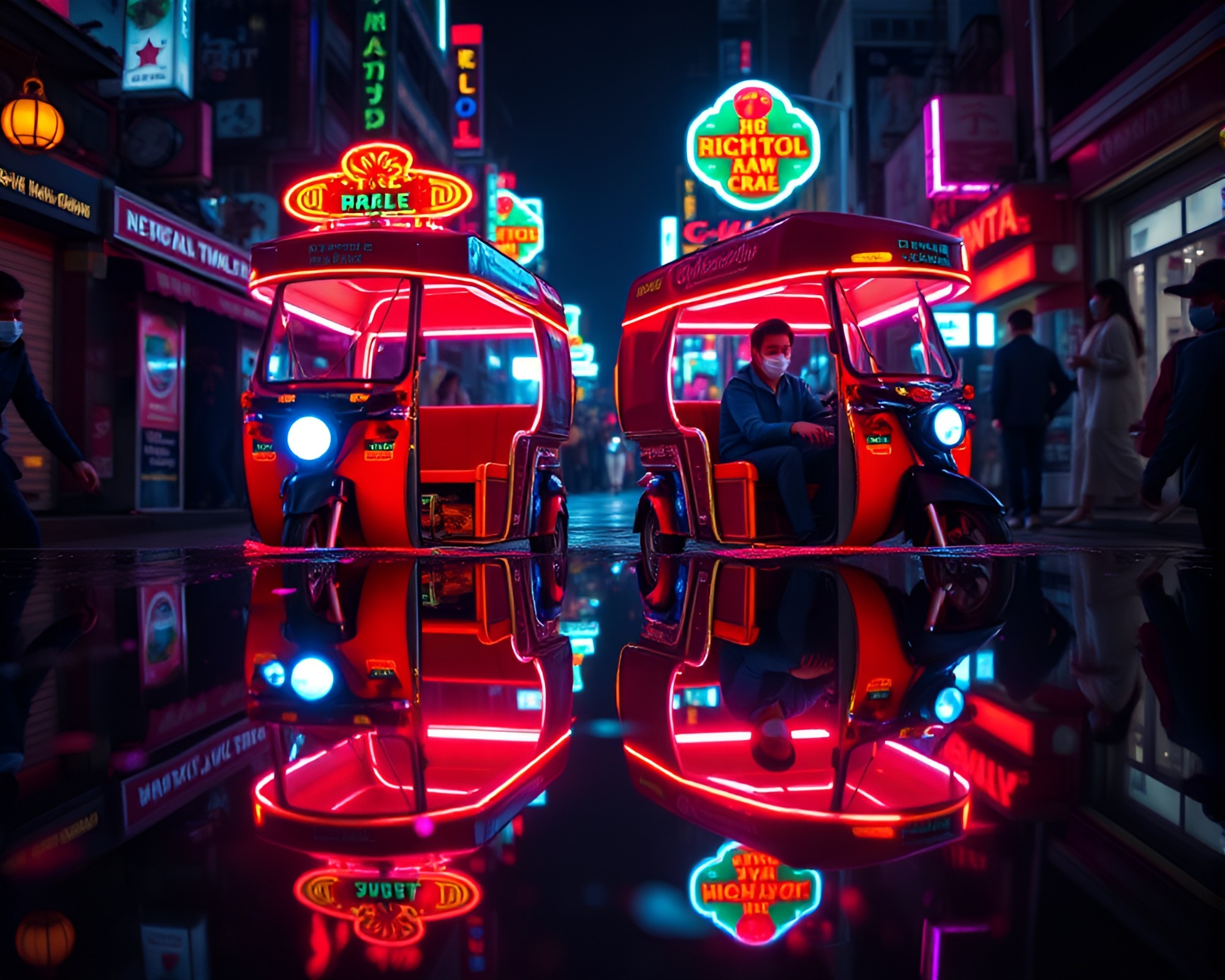 Neon Rickshaw Double Reflection Stereoscopic 3D Art – free AI stock image