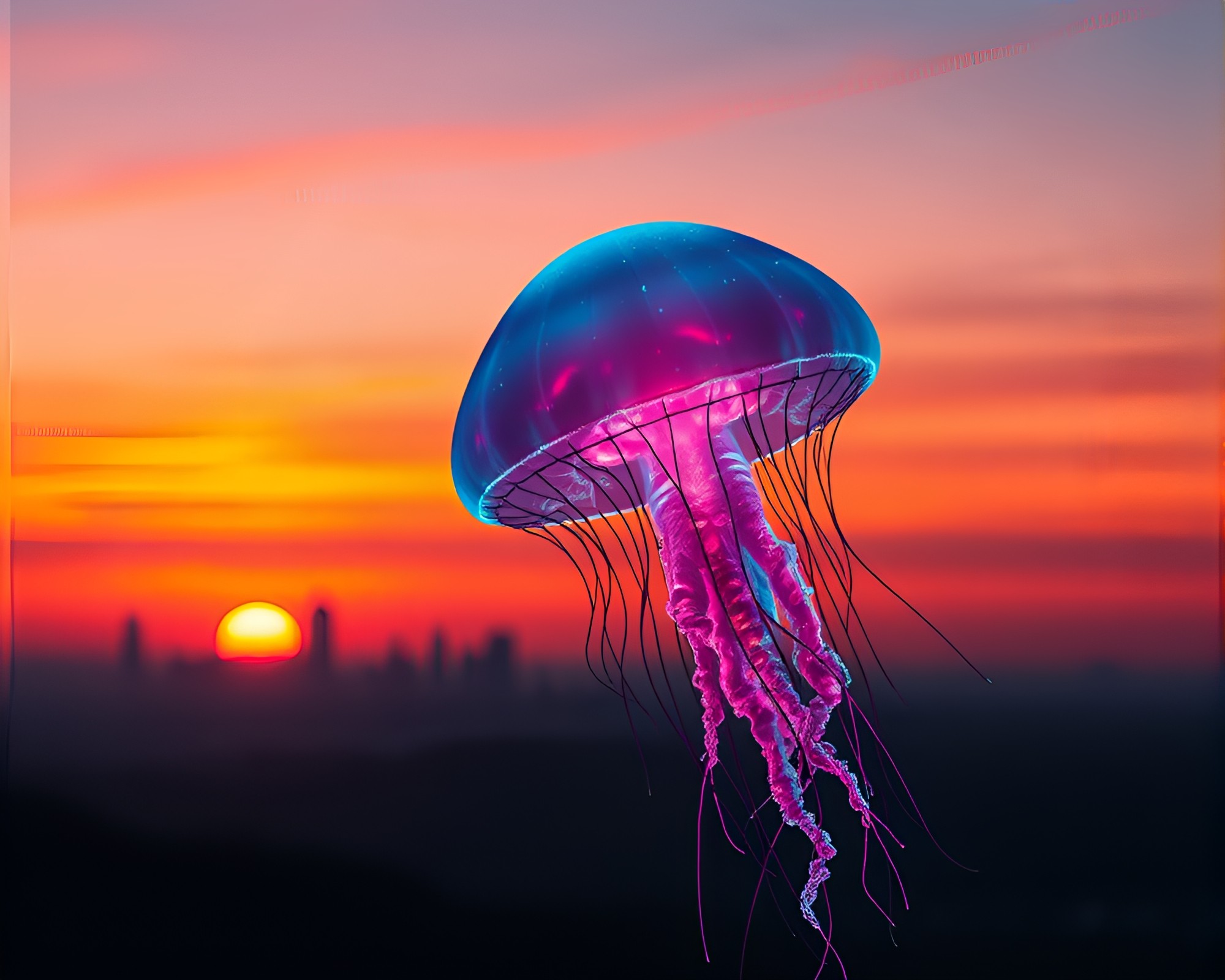 Bioluminescent Jellyfish in AI-Generated Sunset Skyline – free AI stock image
