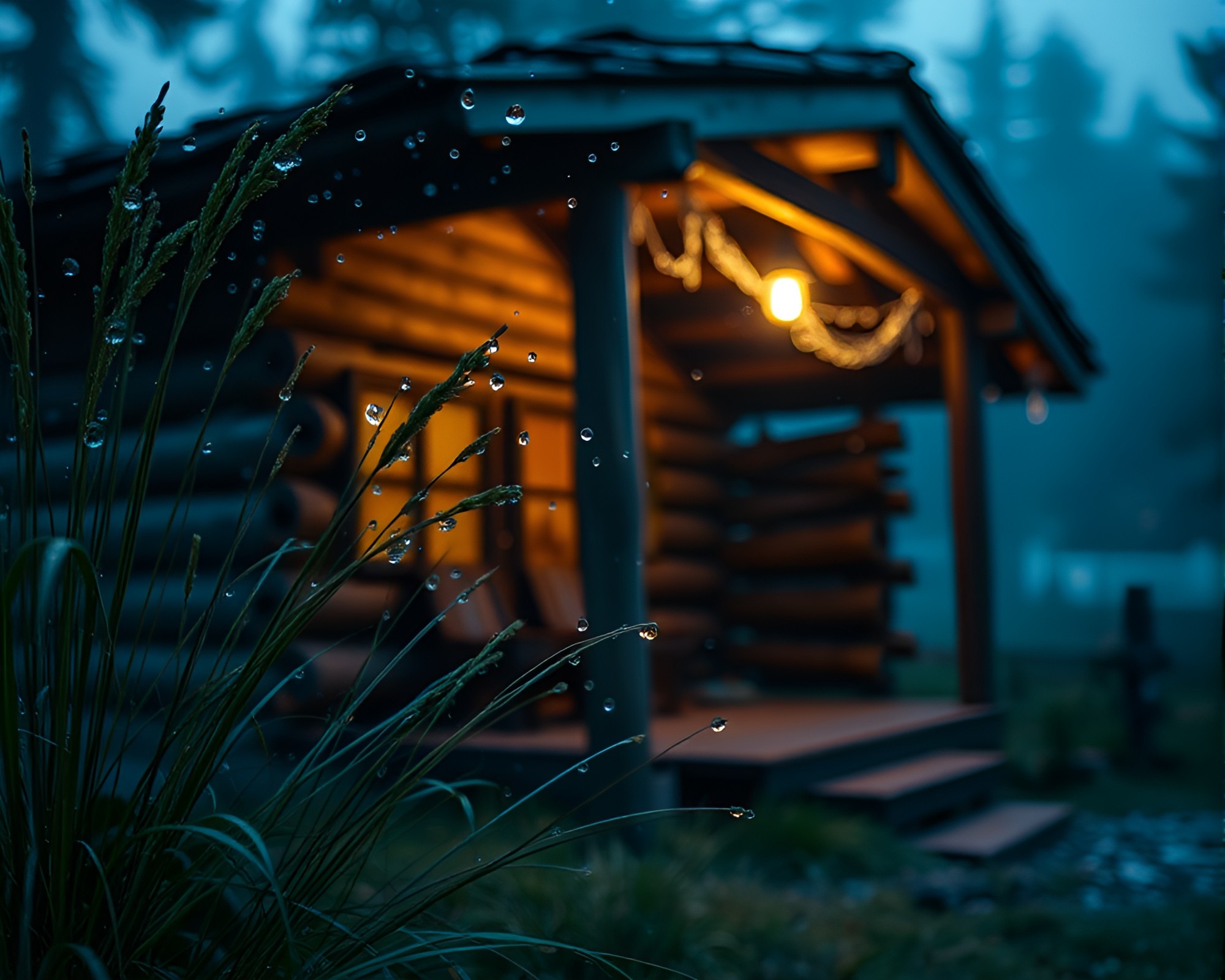 Dew-Kissed Rustic Cabin at Dusk – free AI stock image