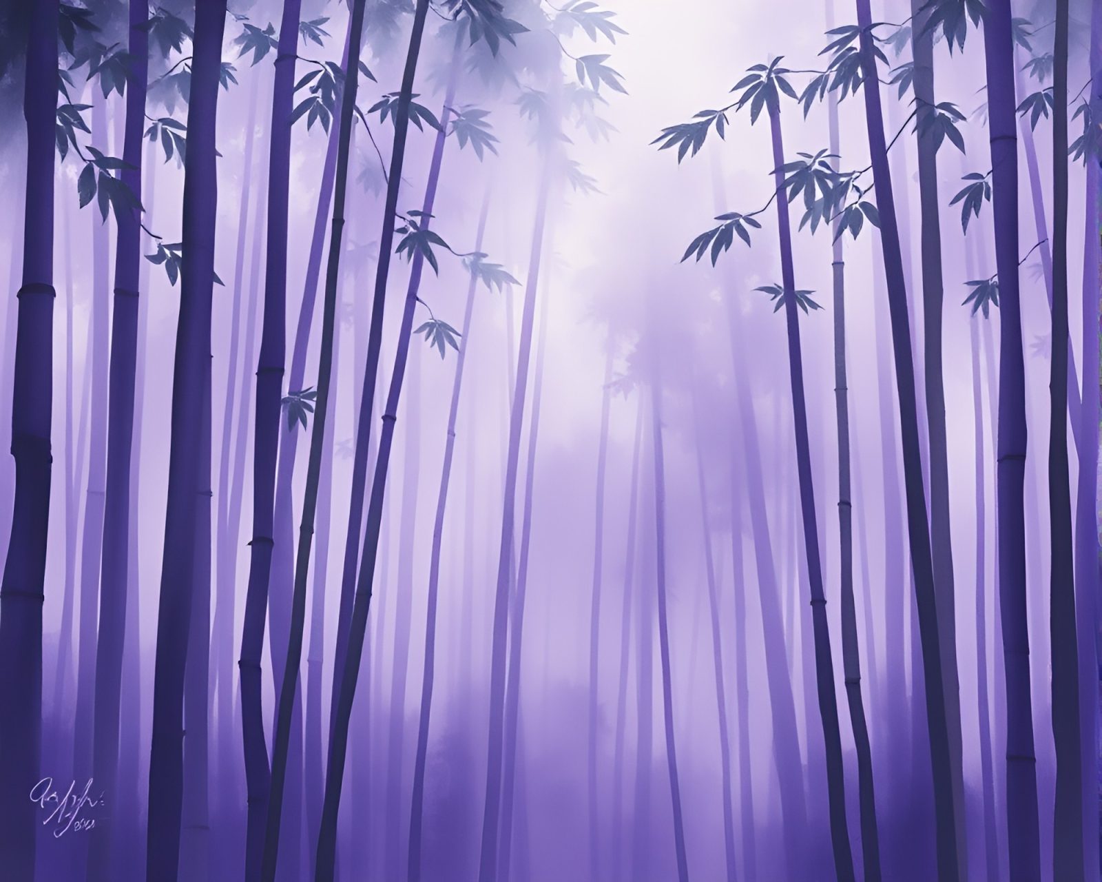 Gouache painting of bamboo trees surrounded by enchanting purple mist