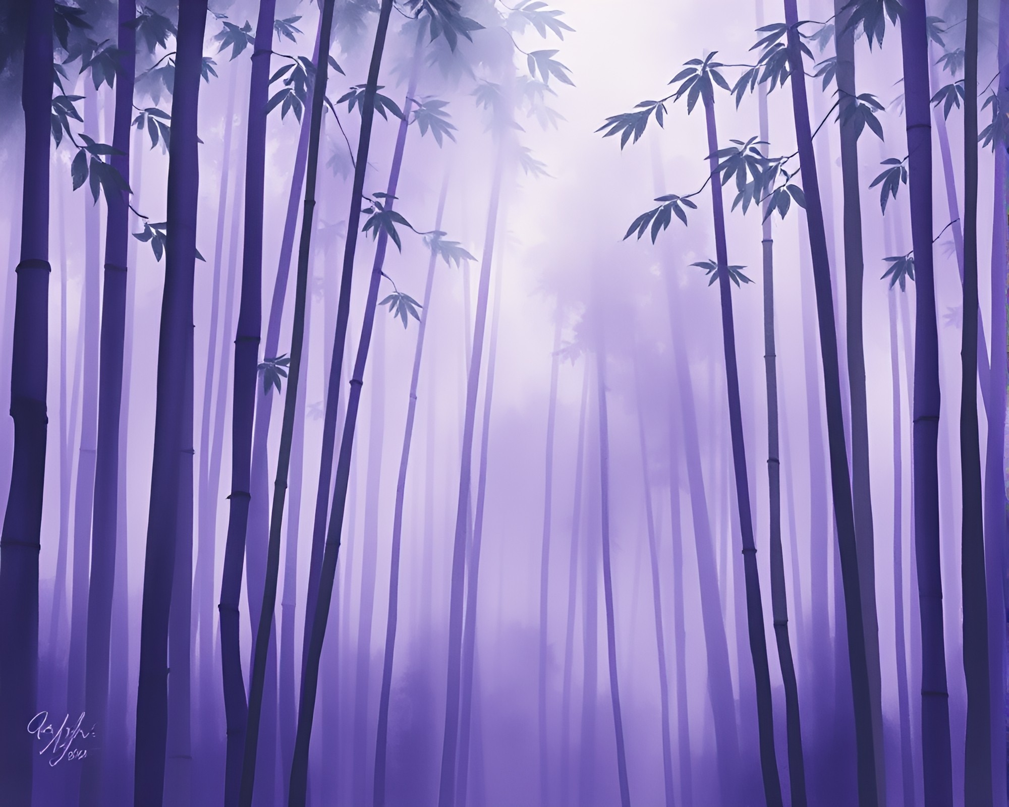 Mystical Bamboo Grove in Amethyst Fog Banks – free AI stock image