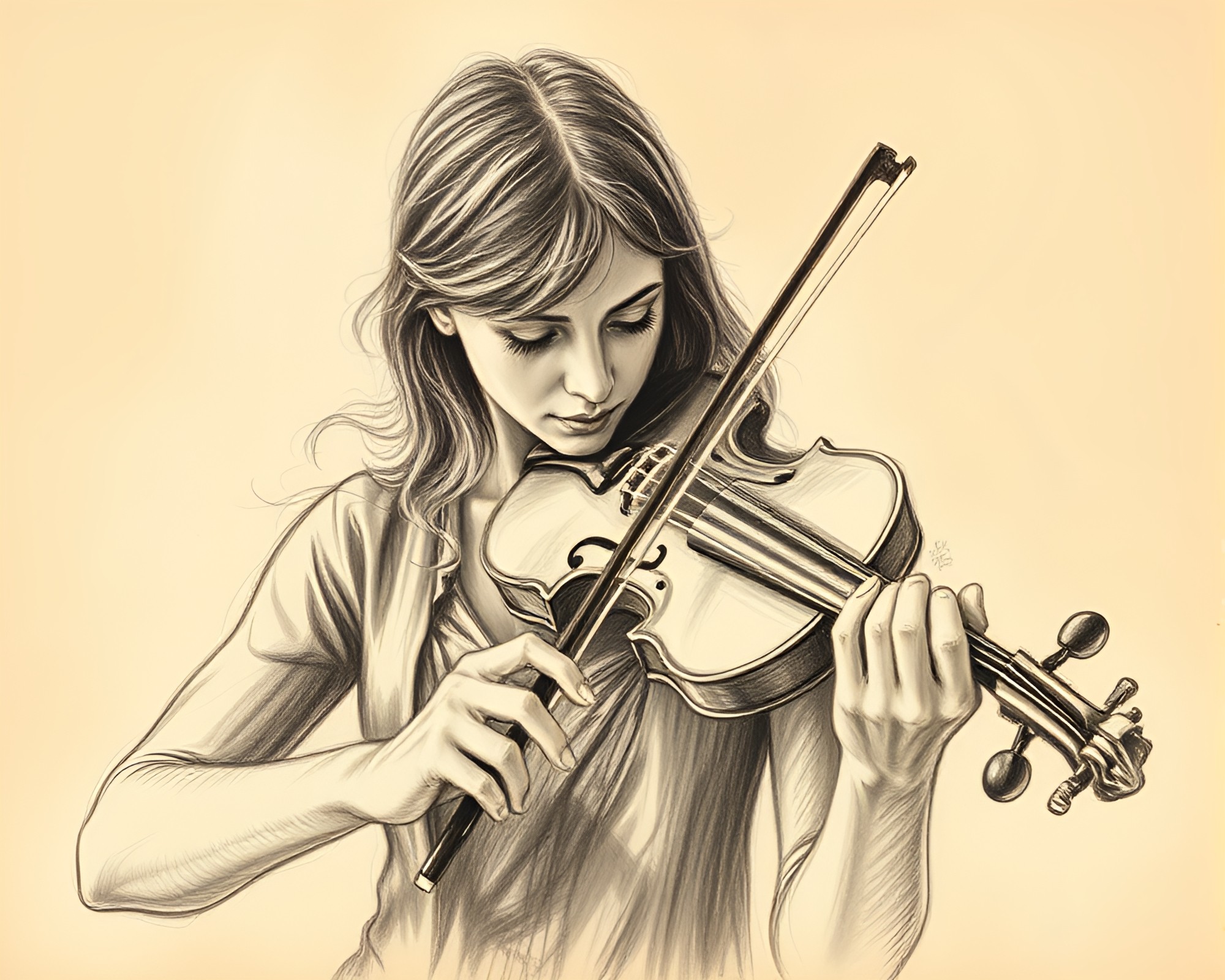 Candid Violinist Captured in Sepia Chalk Drawing – free AI stock image