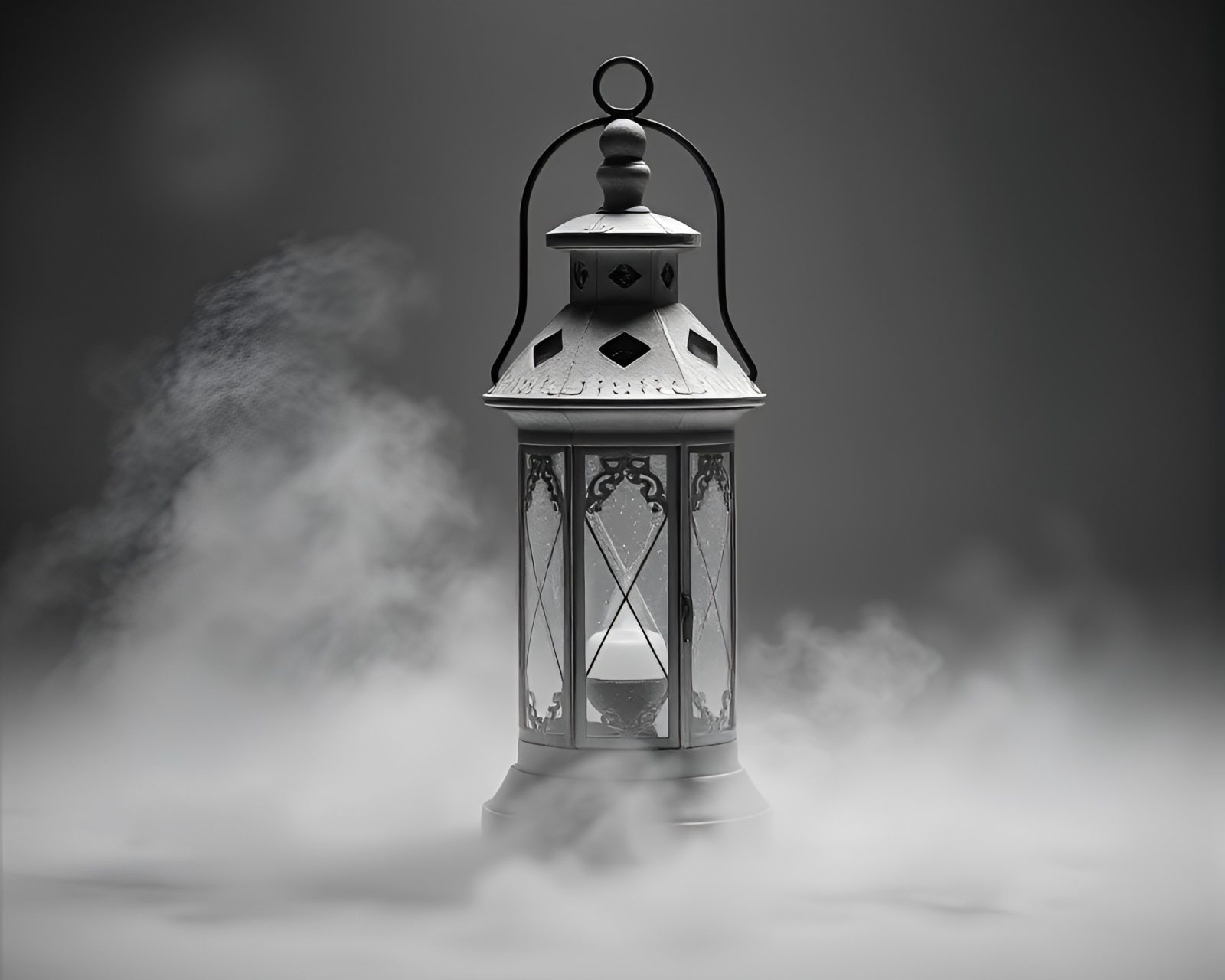 Ethereal ivory white scene with oil lantern casting warm light