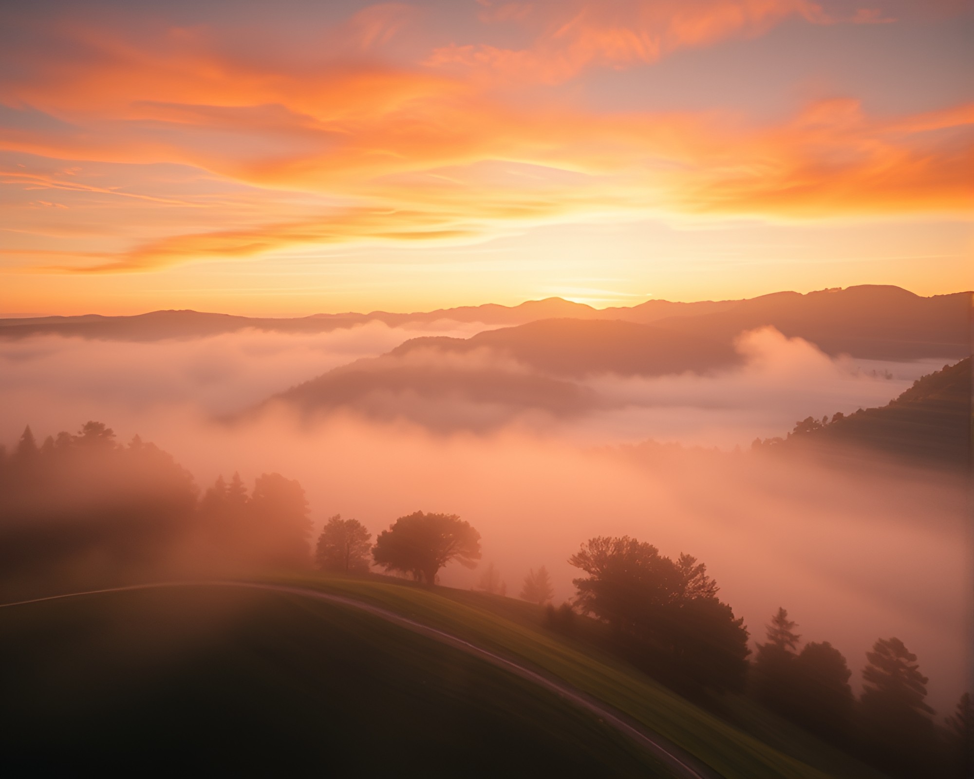 Valley of Dawn Mist with Lens Distortion Swirls – free AI stock image