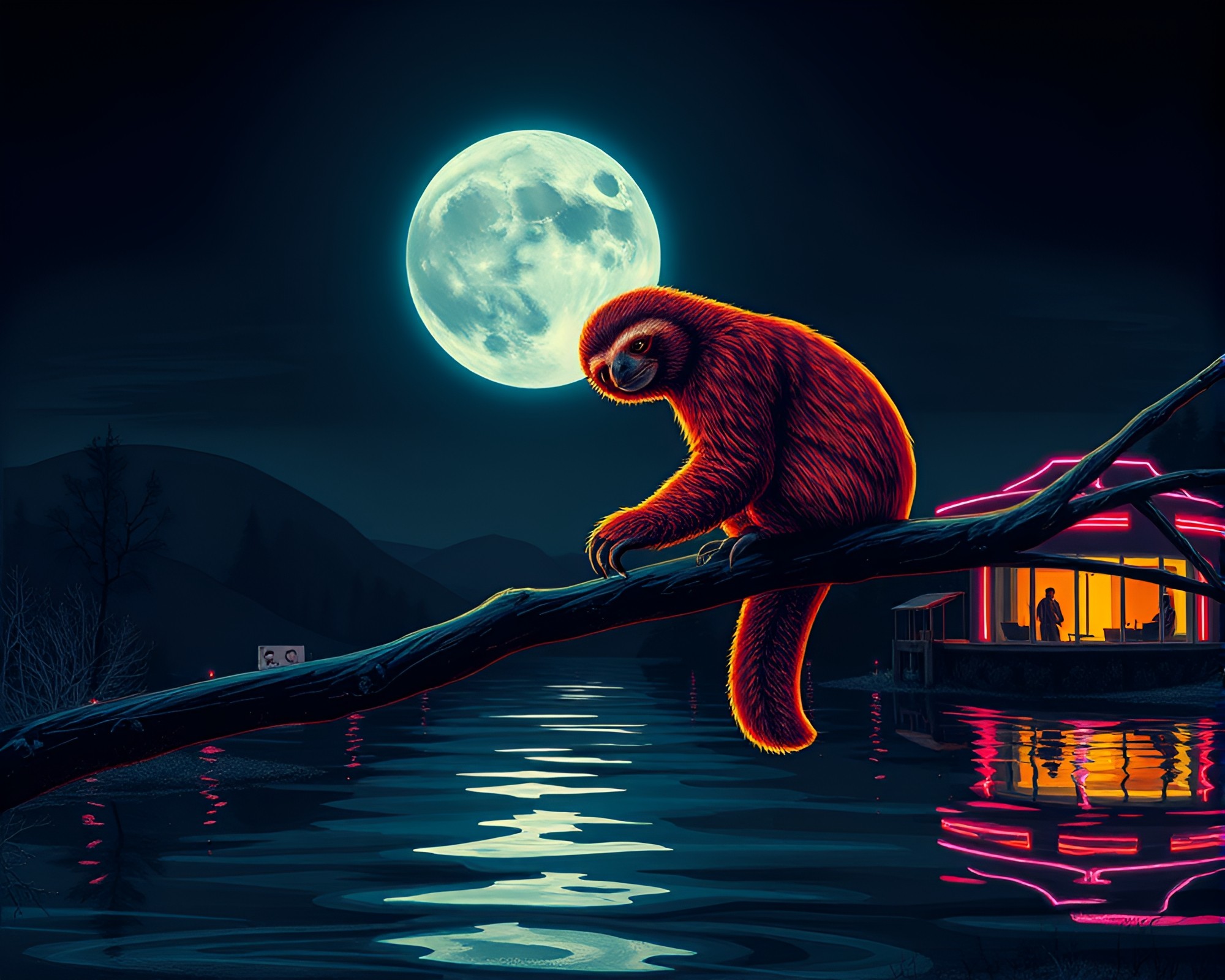 Neon Sloth: Moonlit Cubist Reflections – free AI stock image