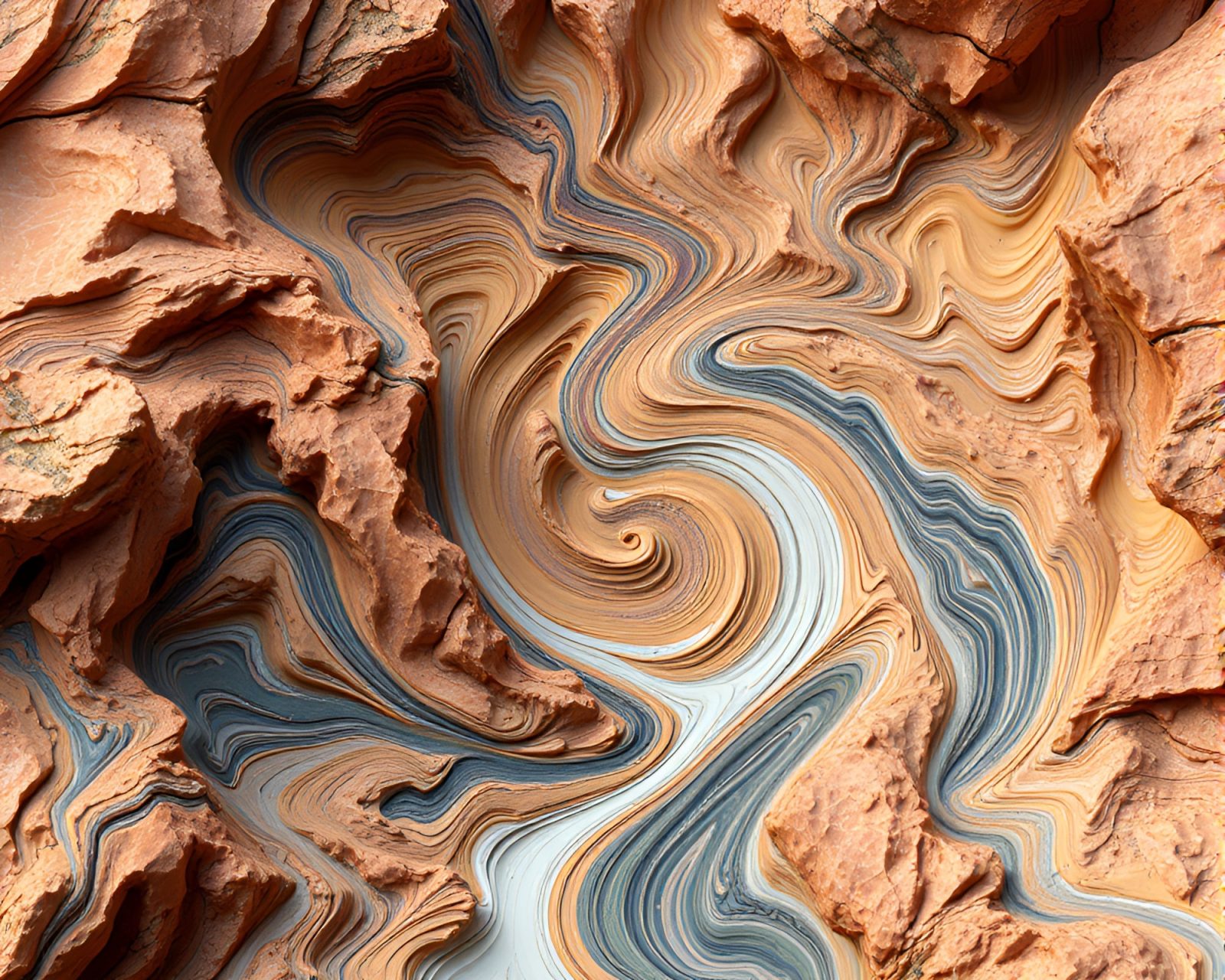 Surreal high-poly 3D cliff with lens distortion swirl