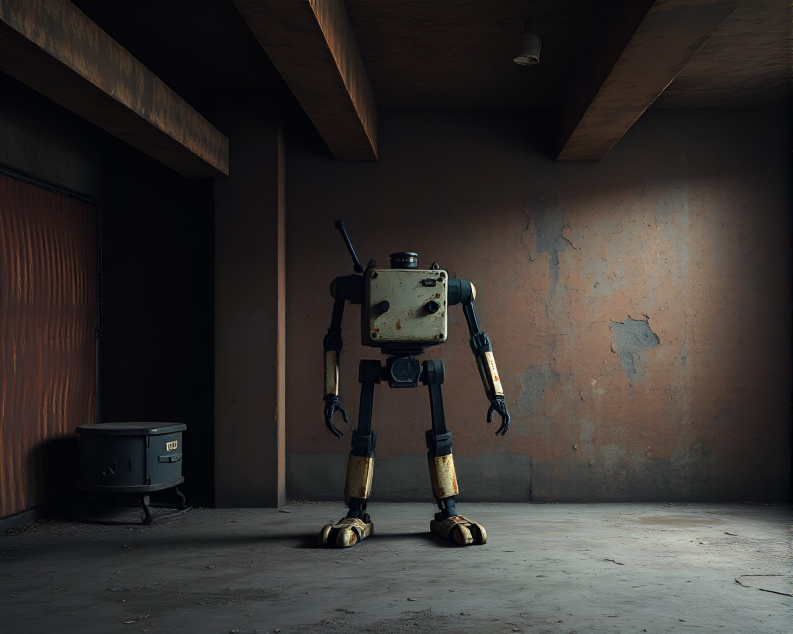Rusty robot in dimly lit basement with minimalist design