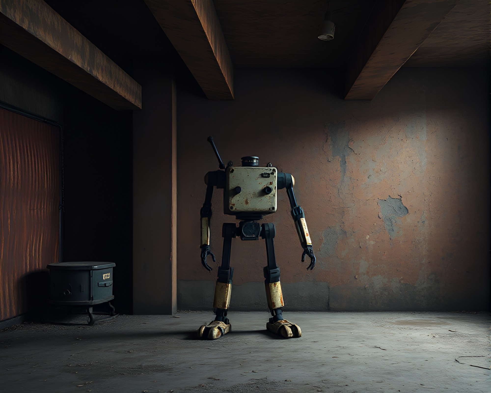 Rust Flake Robot in Minimalist Basement – free AI stock image